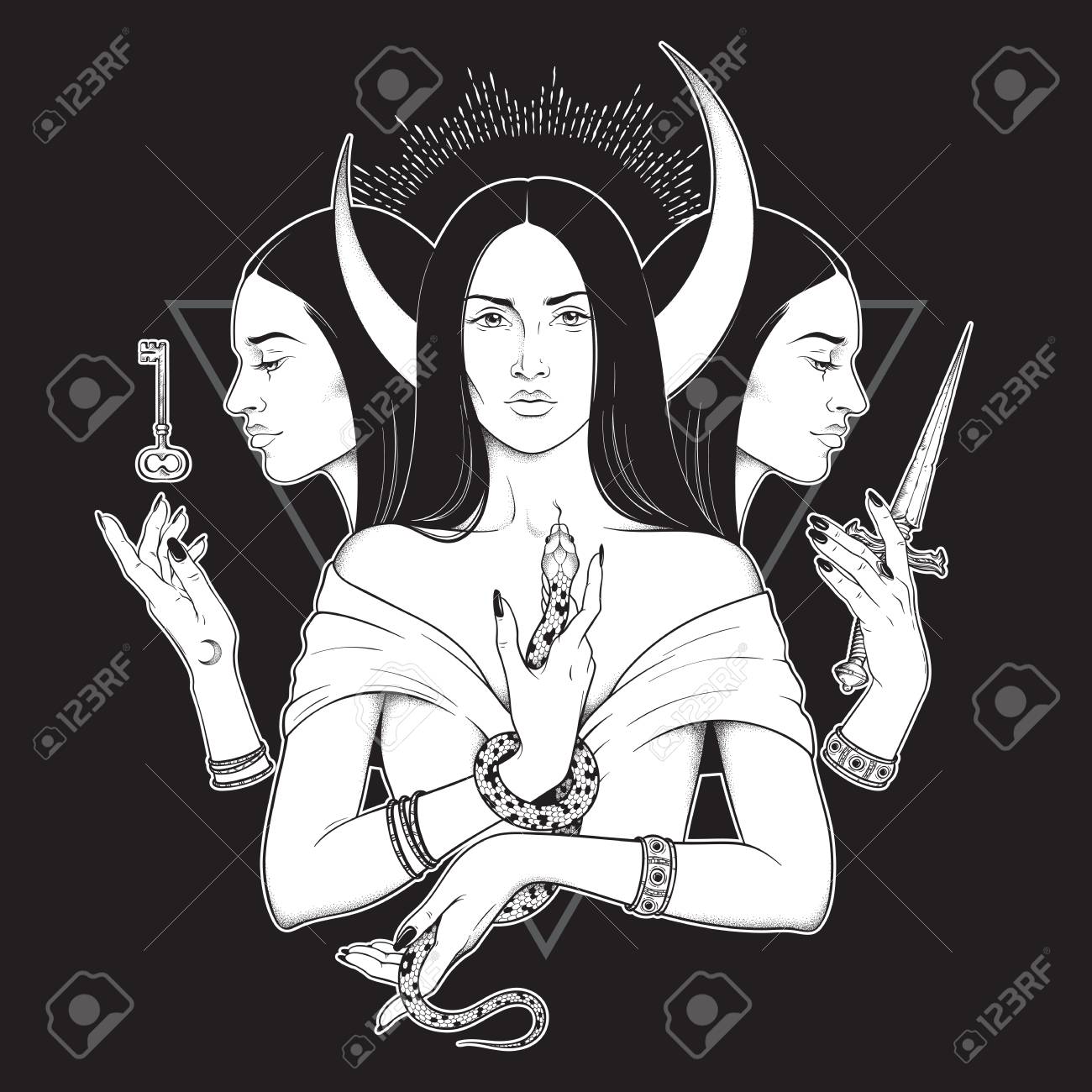 Triple lunar Goddess Hecate ancient Greek mythology hand drawn black and white isolated vector illustration. Blackwork, flash tattoo or print design - 116796949 Triple lunar Goddess Hecate ancient Greek mythology hand drawn black and white isolated vector illustration. Blackwork, flash tattoo or print design - 116796949