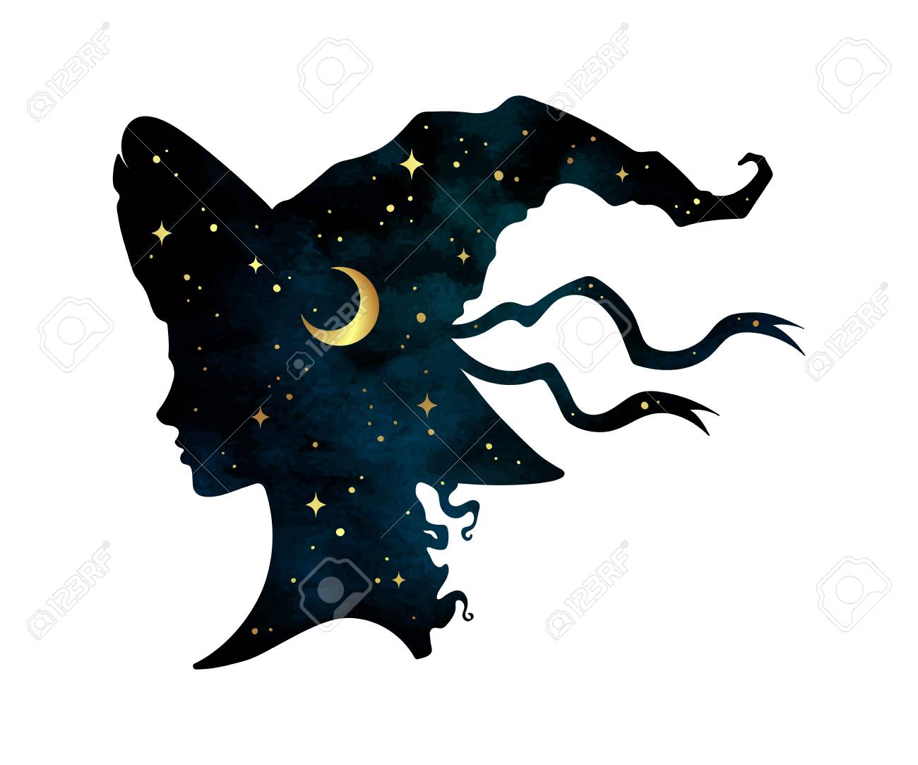 Silhouette of beautiful curly witch girl in pointy hat with crescent moon and stars in profile isolated hand drawn vector illustration - 116796980 Silhouette of beautiful curly witch girl in pointy hat with crescent moon and stars in profile isolated hand drawn vector illustration - 116796980
