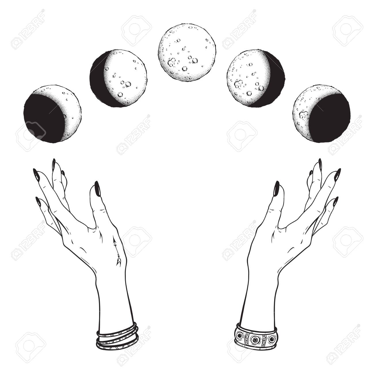Hand drawn line art and dot work moon phases in hands of witch isolated. Boho chic flash tattoo, poster, altar veil or tapestry print design vector illustration - 124019012 Hand drawn line art and dot work moon phases in hands of witch isolated. Boho chic flash tattoo, poster, altar veil or tapestry print design vector illustration - 124019012