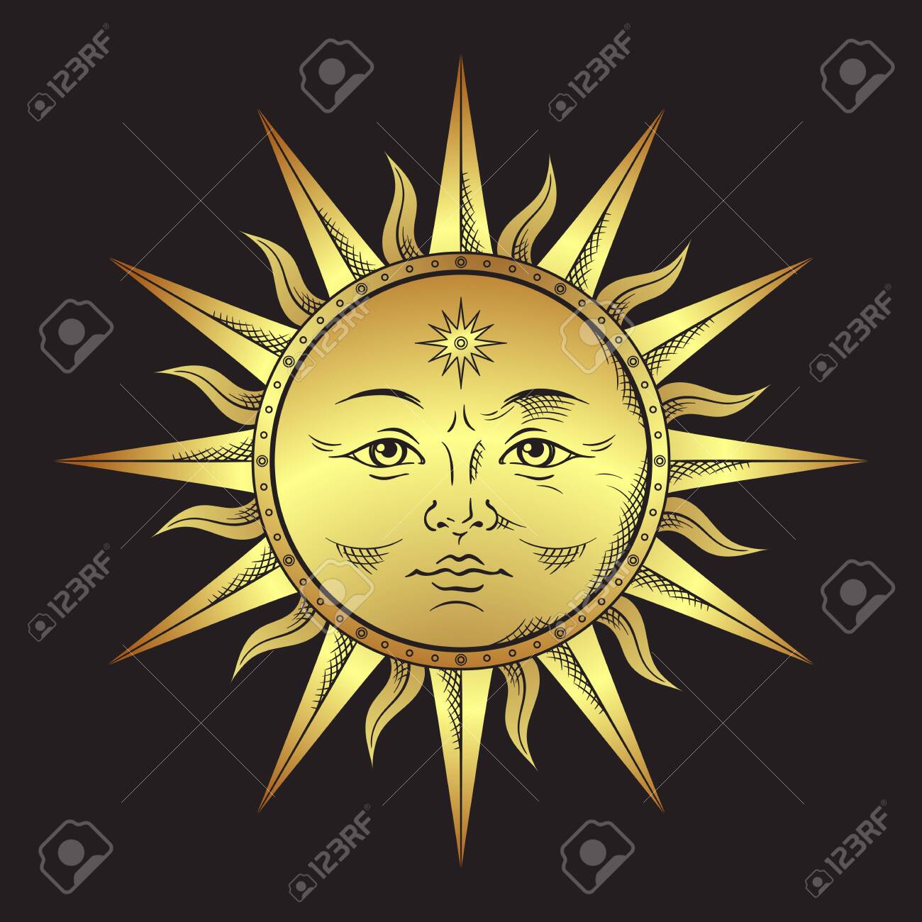 Antique style gold sun hand drawn line art. Boho chic tattoo, poster, altar veil, tapestry or fabric print design vector illustration - 135608611 Antique style gold sun hand drawn line art. Boho chic tattoo, poster, altar veil, tapestry or fabric print design vector illustration - 135608611