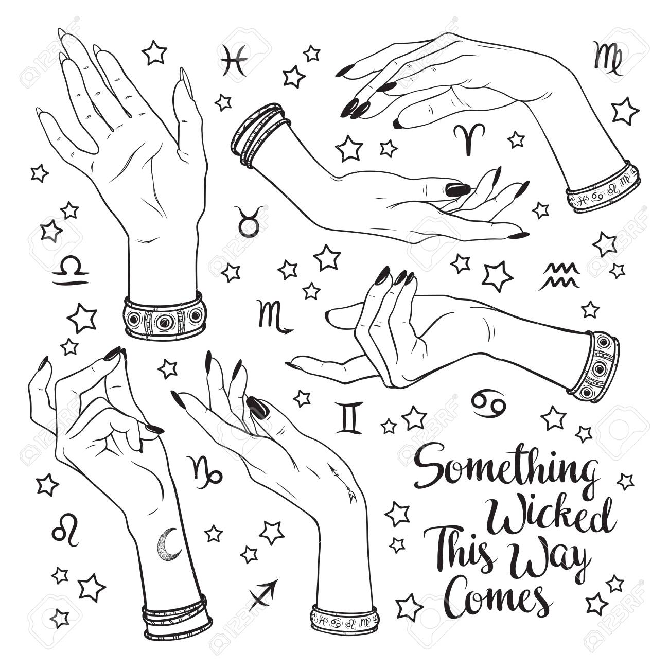 Hand drawn set of female witches hands in different poses. Flash tattoo, sticker, patch or print design vector illustration. Enscription is quote from Shakespeares Macbeth - 145667437 Hand drawn set of female witches hands in different poses. Flash tattoo, sticker, patch or print design vector illustration. Enscription is quote from Shakespeares Macbeth - 145667437