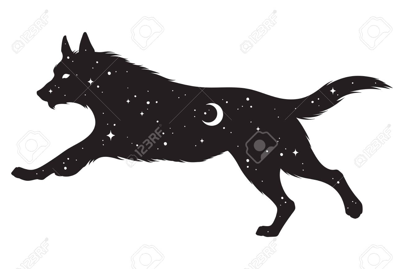 Silhouette of wolf with crescent moon and stars isolated. Sticker, print or tattoo design vector illustration. Pagan totem, wiccan familiar spirit art. - 145667440 Silhouette of wolf with crescent moon and stars isolated. Sticker, print or tattoo design vector illustration. Pagan totem, wiccan familiar spirit art. - 145667440