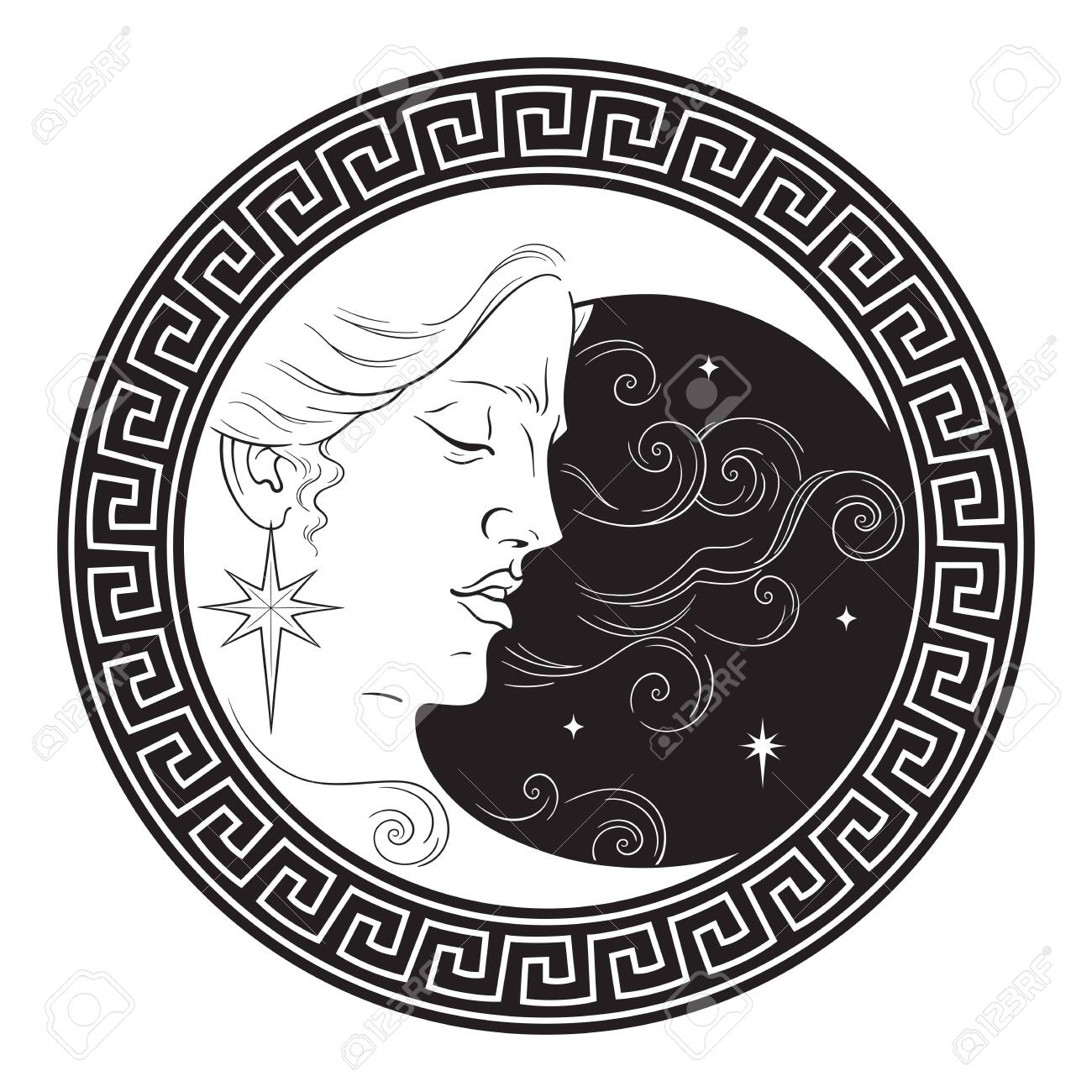 Crescent moon in antique style hand drawn line art boho chic art tattoo, poster, altar veil, tapestry or fabric print design vector illustration - 145667493 Crescent moon in antique style hand drawn line art boho chic art tattoo, poster, altar veil, tapestry or fabric print design vector illustration - 145667493