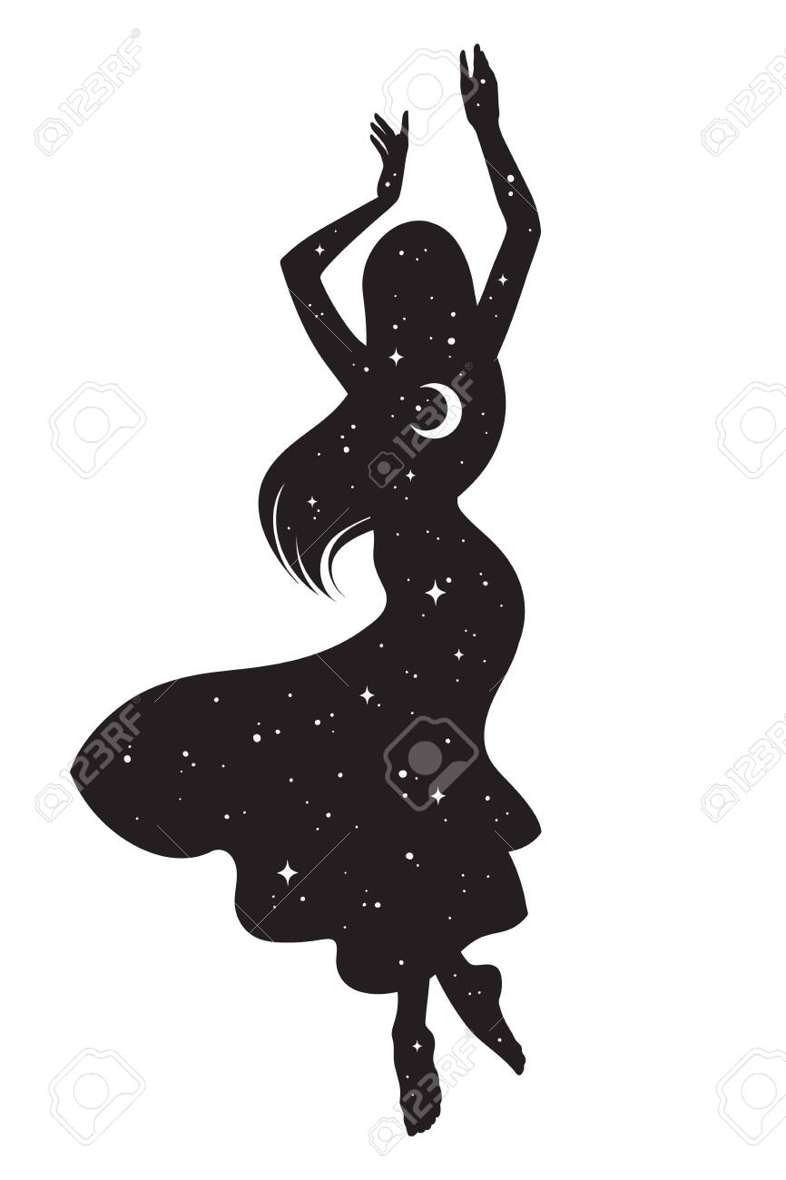 Beautiful dancing gypsy silhouette with crescent moon and stars in profile isolated. Boho chic tattoo, sticker or print design vector illustration - 147978801 Beautiful dancing gypsy silhouette with crescent moon and stars in profile isolated. Boho chic tattoo, sticker or print design vector illustration - 147978801