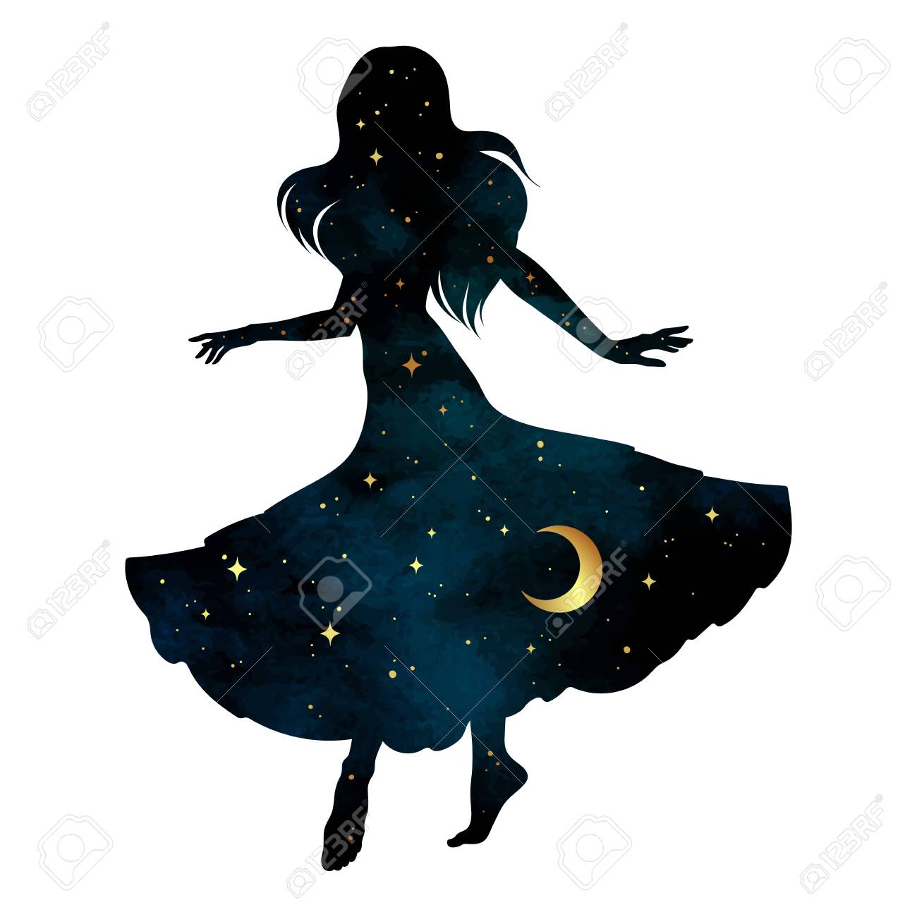 Beautiful dancing gypsy silhouette with crescent moon and stars isolated. Boho chic tattoo, sticker or print design vector illustration - 147978543 Beautiful dancing gypsy silhouette with crescent moon and stars isolated. Boho chic tattoo, sticker or print design vector illustration - 147978543