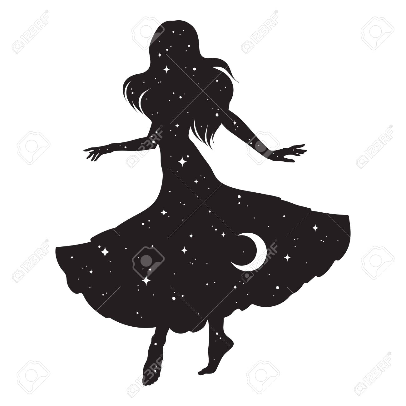 Beautiful dancing gypsy silhouette with crescent moon and stars isolated. Boho chic tattoo, sticker or print design vector illustration - 147978520 Beautiful dancing gypsy silhouette with crescent moon and stars isolated. Boho chic tattoo, sticker or print design vector illustration - 147978520