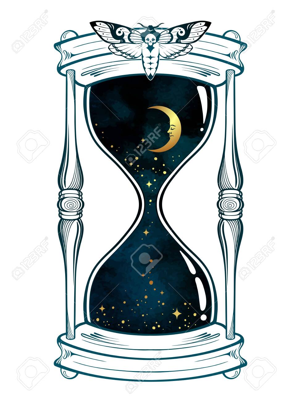 Hand drawn line art hourglass with moon and stars isolated boho sticker, print or blackwork tattoo design vector illustration - 150153077 Hand drawn line art hourglass with moon and stars isolated boho sticker, print or blackwork tattoo design vector illustration - 150153077