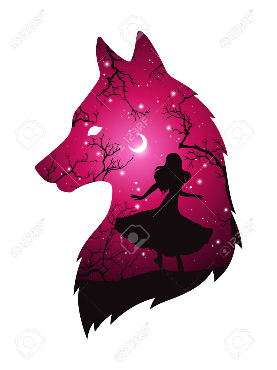 Double exposure silhouette of wolf with shadow of beautiful woman in the night forest, crescent moon and stars. Sticker or tattoo design vector illustration. Pagan totem, wiccan familiar spirit art. - 159333273 Double exposure silhouette of wolf with shadow of beautiful woman in the night forest, crescent moon and stars. Sticker or tattoo design vector illustration. Pagan totem, wiccan familiar spirit art. - 159333273