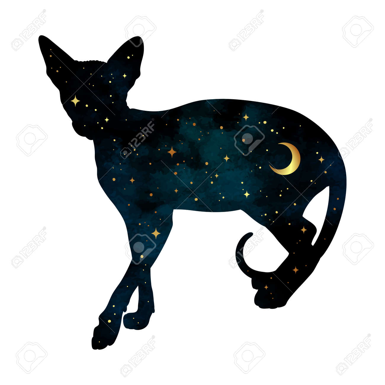 Silhouette of cat with crescent moon and stars isolated. Sticker, print or tattoo design vector illustration. Pagan totem, wiccan familiar spirit art. - 158912706 Silhouette of cat with crescent moon and stars isolated. Sticker, print or tattoo design vector illustration. Pagan totem, wiccan familiar spirit art. - 158912706