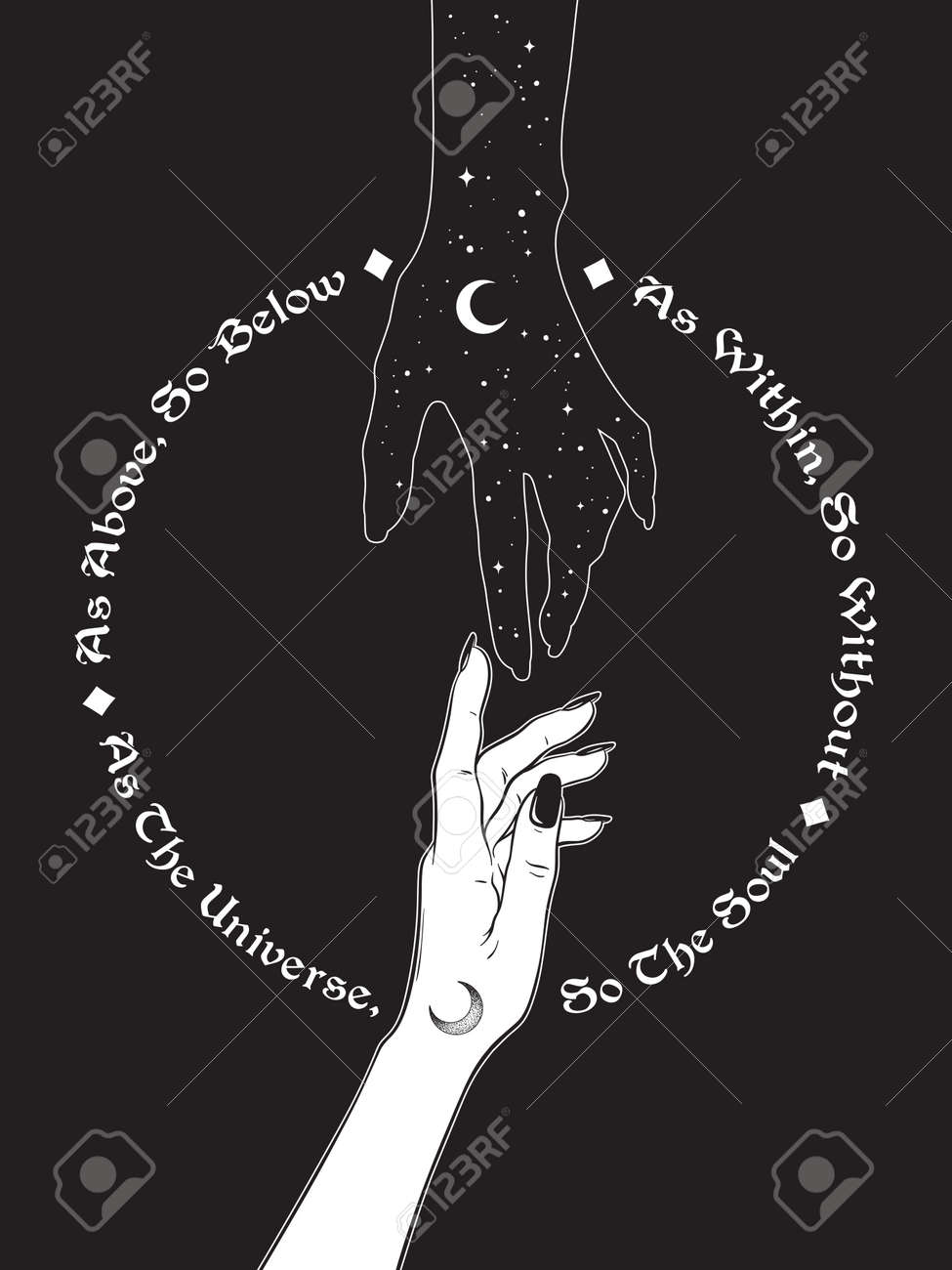 Hand of universe reaching out to human hand. Inscription is a maxim in hermeticism and sacred geometry. As above, so below. Black work, flash tattoo or print design vector illustration. - 163870715 Hand of universe reaching out to human hand. Inscription is a maxim in hermeticism and sacred geometry. As above, so below. Black work, flash tattoo or print design vector illustration. - 163870715