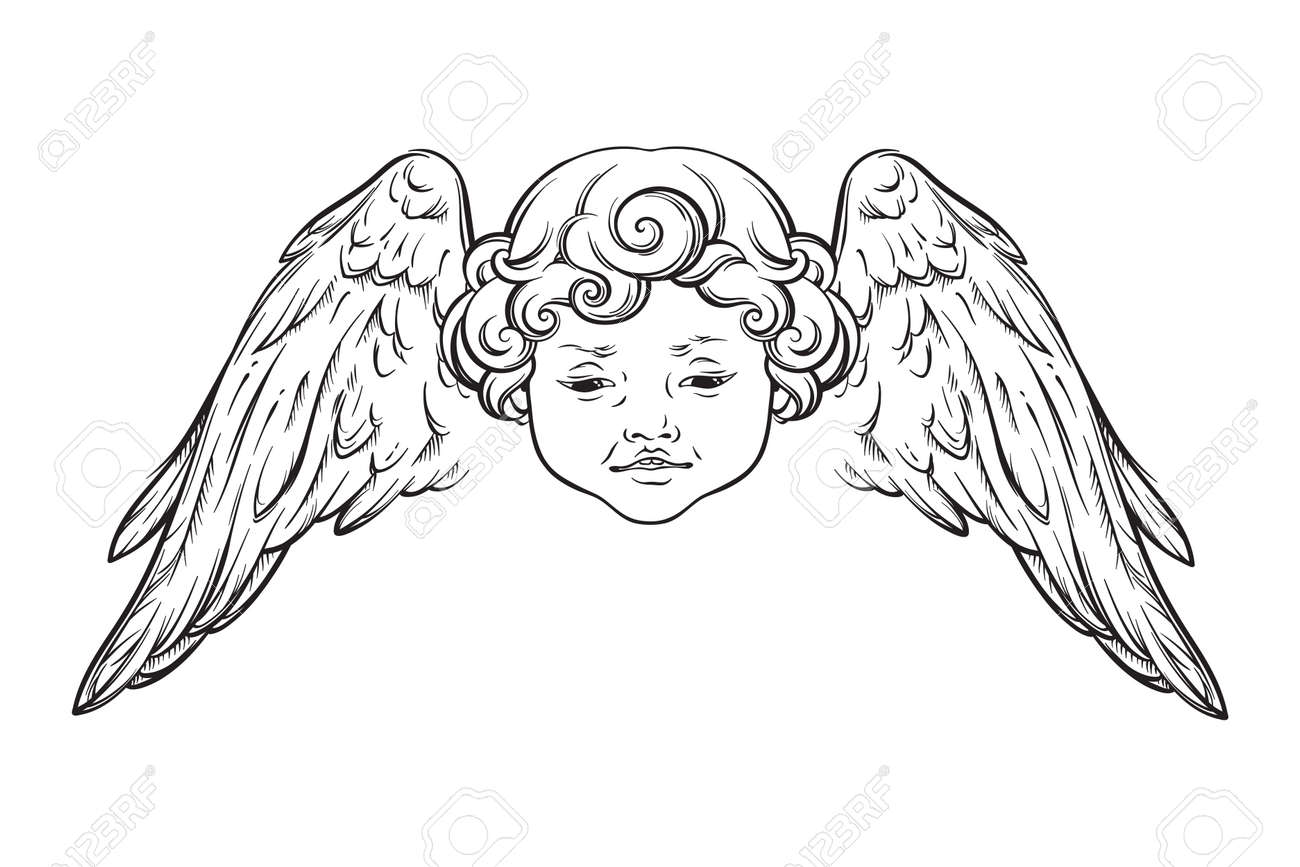 Cherub cute winged curly smiling baby boy angel with rays of linght isolated over white background. Hand drawn design vector illustration. - 163870719 Cherub cute winged curly smiling baby boy angel with rays of linght isolated over white background. Hand drawn design vector illustration. - 163870719
