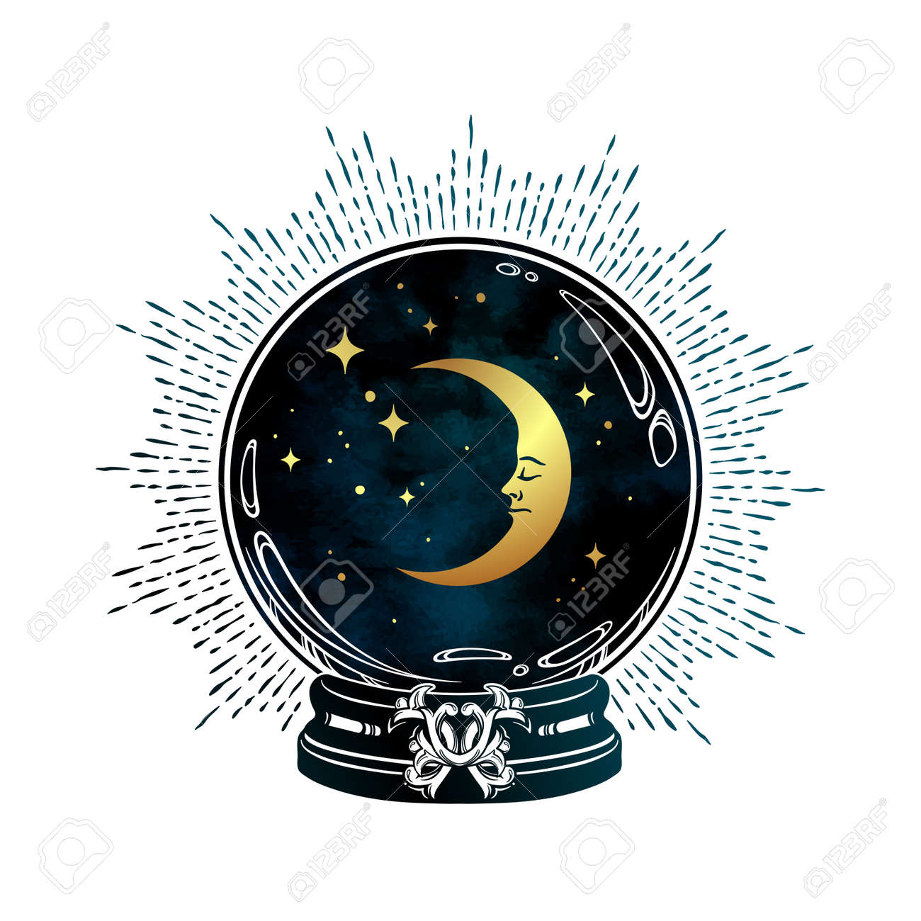 Hand drawn magic crystal ball with crescent moon and stars line art and dot work. Boho chic tattoo, poster or altar veil print design vector illustration - 163870721 Hand drawn magic crystal ball with crescent moon and stars line art and dot work. Boho chic tattoo, poster or altar veil print design vector illustration - 163870721