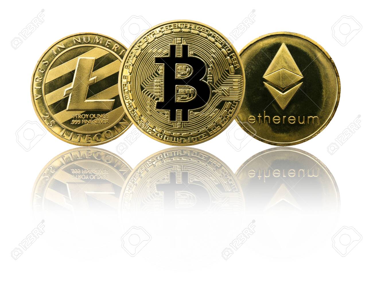 Physical Bitcoin, Litecoin And Ethereum Gold Coins (BTC, ETH, LTC) Isolated  On White Background With Reflection. Cryptocurrency. Stock Photo, Picture  and Royalty Free Image. Image 133153813.