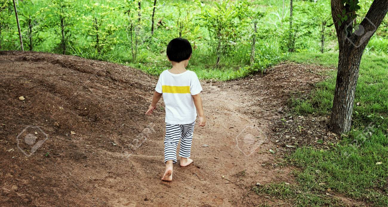 Young Child Walking On Forest Trail Stock Photo By