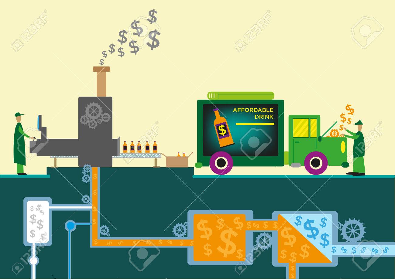 ドリンク工場サイト フラット スタイルで機械から流れるドル シンボルのクリップアートします のイラスト素材 ベクタ Image
