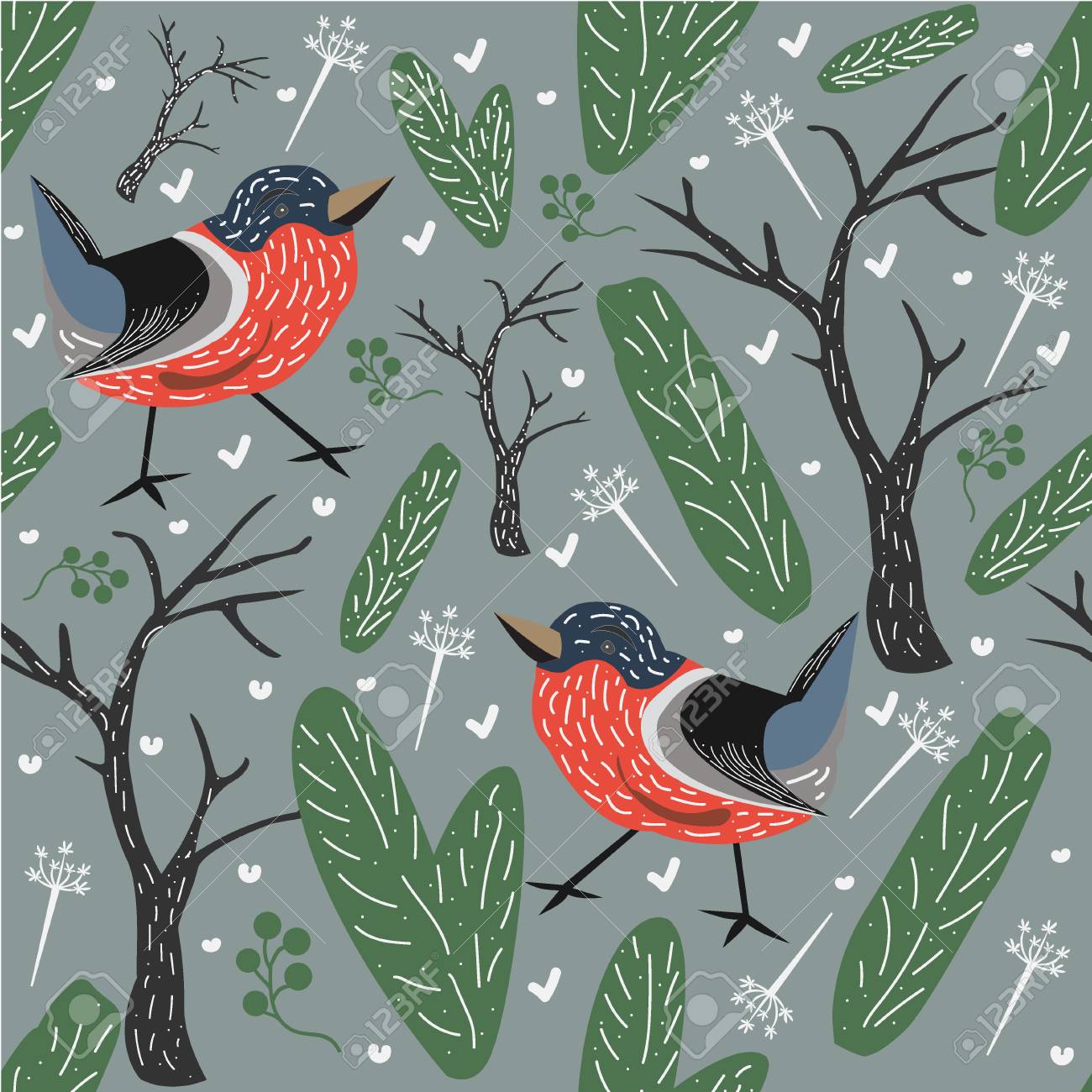 Patron Doiseaux Sans Couture Bullfinches épicéa Baies Sapins Et Arbresvecteur Illustration Collection été Automne Printemps Modèle