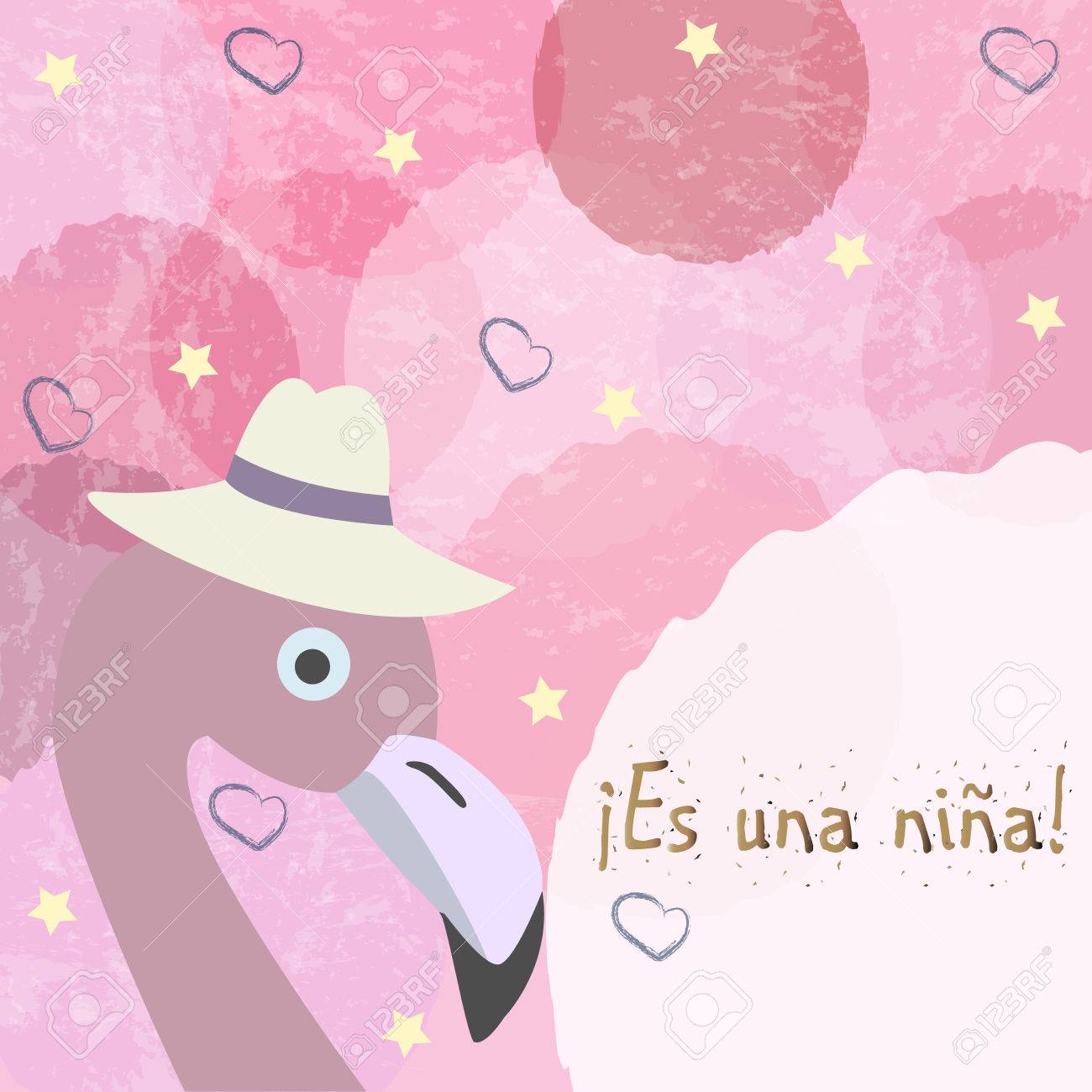 Vettoriale Es Una Nina Significa E Una Ragazza In Lingua Spagnola Annuncio Di Nascita Della Bambina Cute Bird Annuncia L Arrivo Di Una Bambina Image