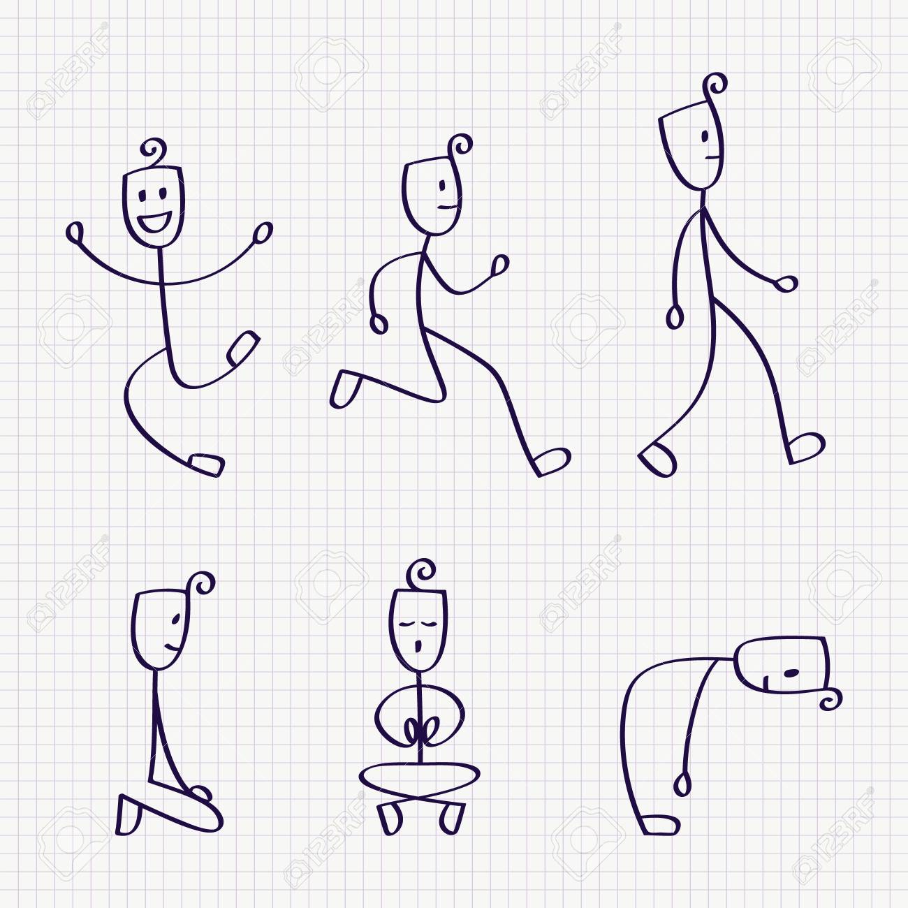 Stick Figure Of Man With Different Poses Of Jumg Walking Running Bowing Down Sitting And Meditation Hand Drawn Vector Illustration Royalty Free Cliparts Vectors And Stock Illustration Image 77708584