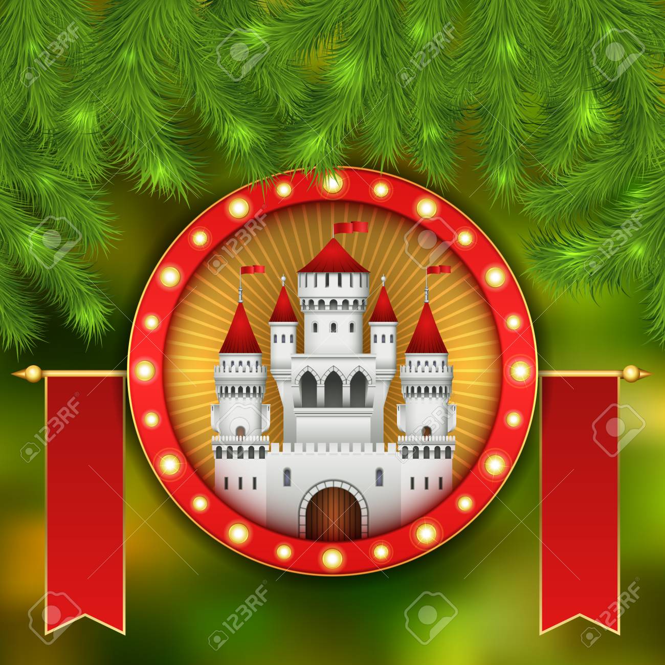 Christmas card with white castle, fireworks and branches of a Christmas tree. Christmas illustration with celebratory elements. White medieval castle with a red roof and red flags on the spiers - 90224118 Christmas card with white castle, fireworks and branches of a Christmas tree. Christmas illustration with celebratory elements. White medieval castle with a red roof and red flags on the spiers - 90224118