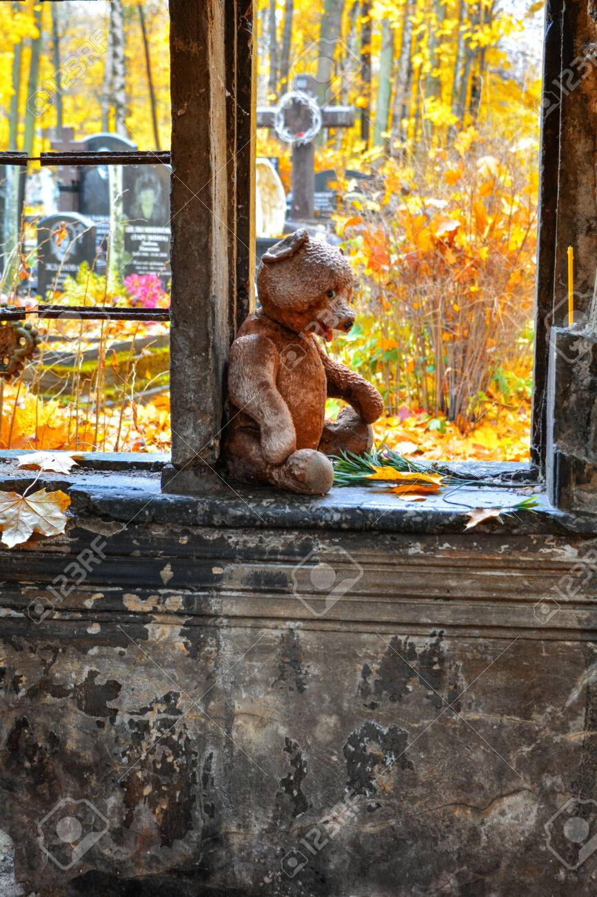 Weathered Teddy Bear Toy With Yellow Maple Leaf And Flowers In Opening Of Old Crypt With