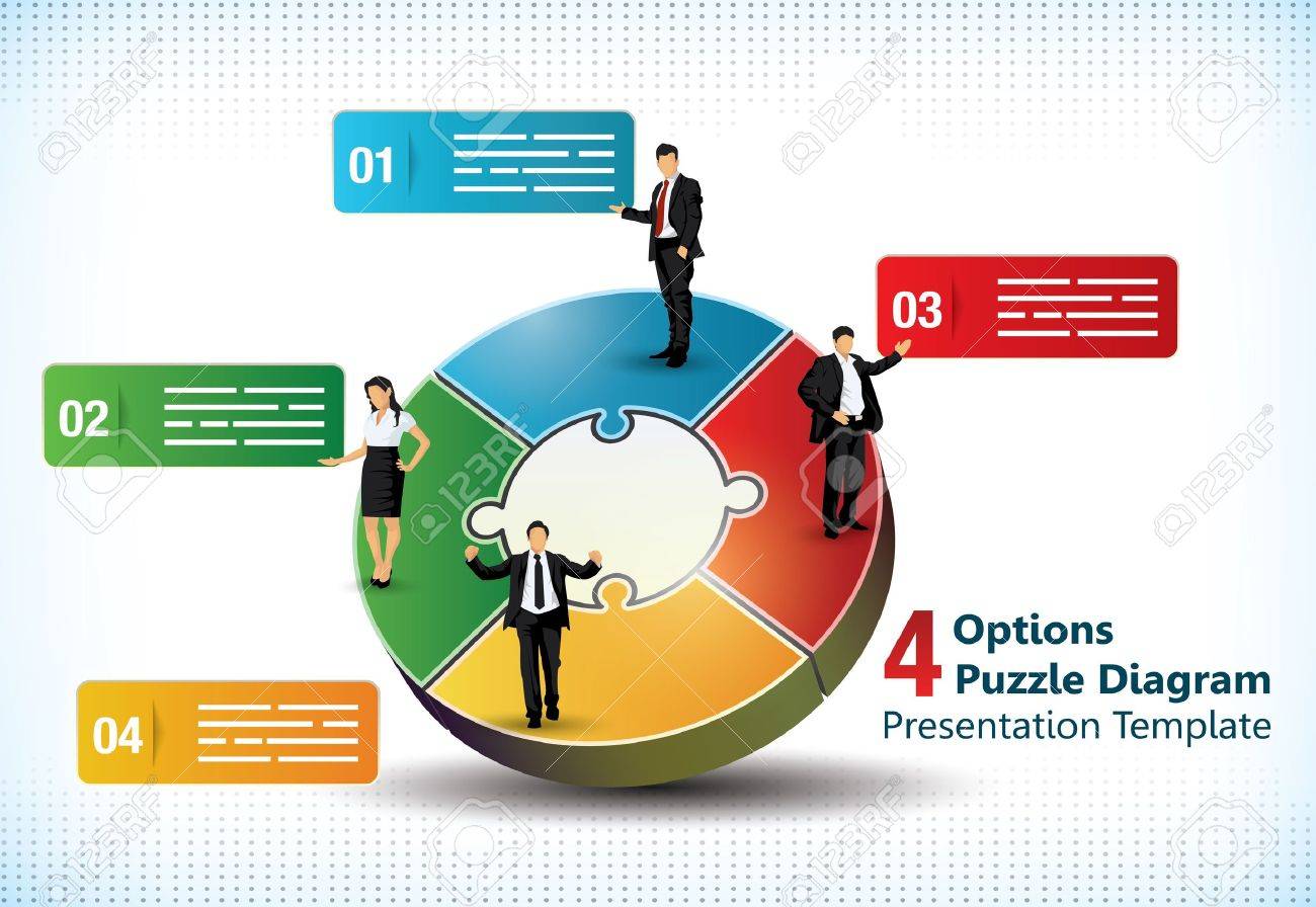 Four sided puzzle presentation template with business people silhouettes and text fields used in commercial designs - 20356631 Four sided puzzle presentation template with business people silhouettes and text fields used in commercial designs - 20356631