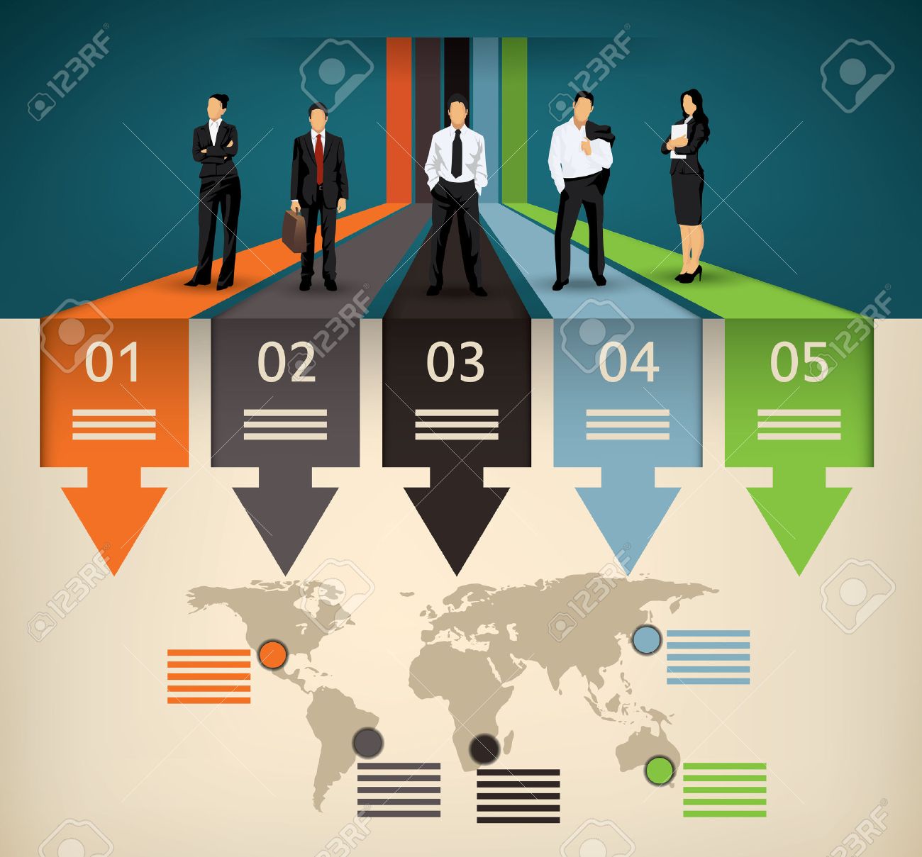 興味およびビジネス チーム人イラストのポイントを持つ 5 つの異なるオプションと世界地図インフォ グラフィック テンプレートのイラスト素材 ベクタ Image