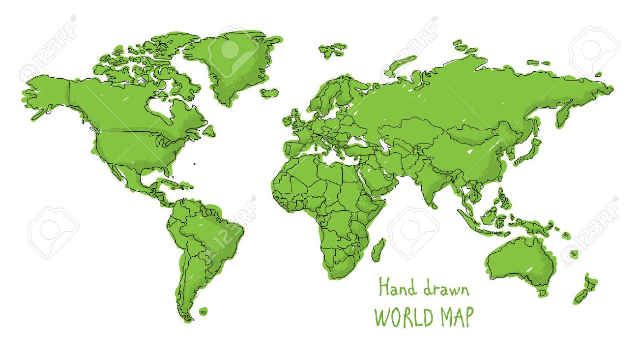 hand drawn world map doodled with a childish cartoon style contouring the countries stock vector