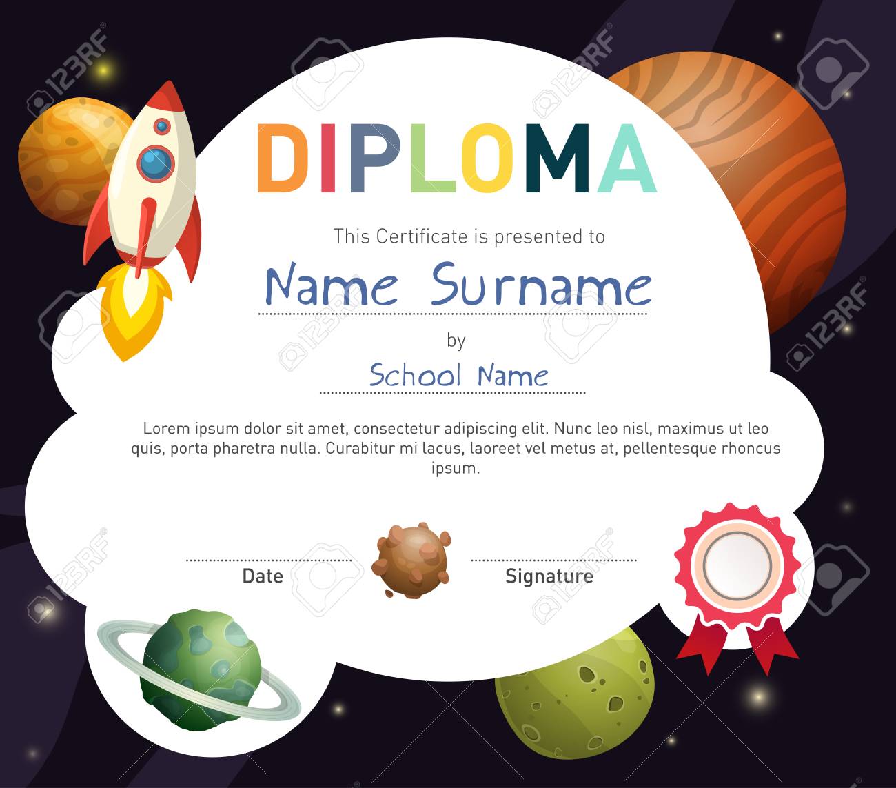 science themed children diploma certificate template with rocket children certificate template