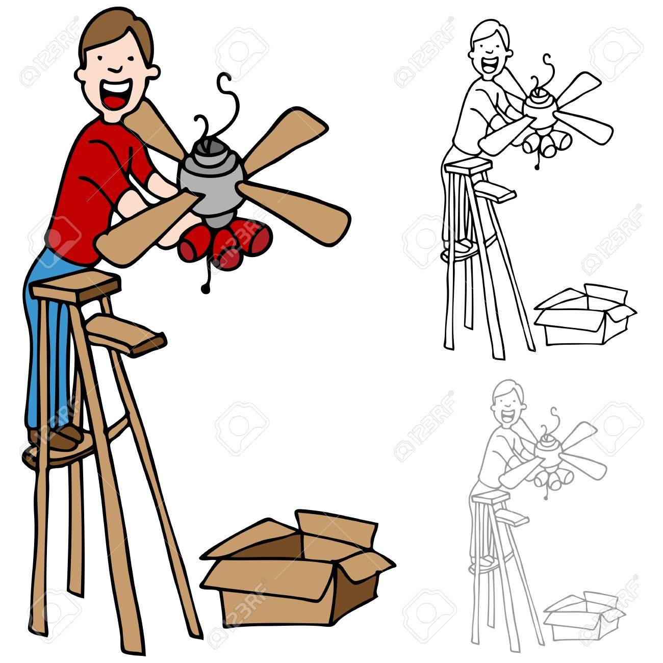 An Image Of A Man On A Ladder Installing A Ceiling Fan Royalty