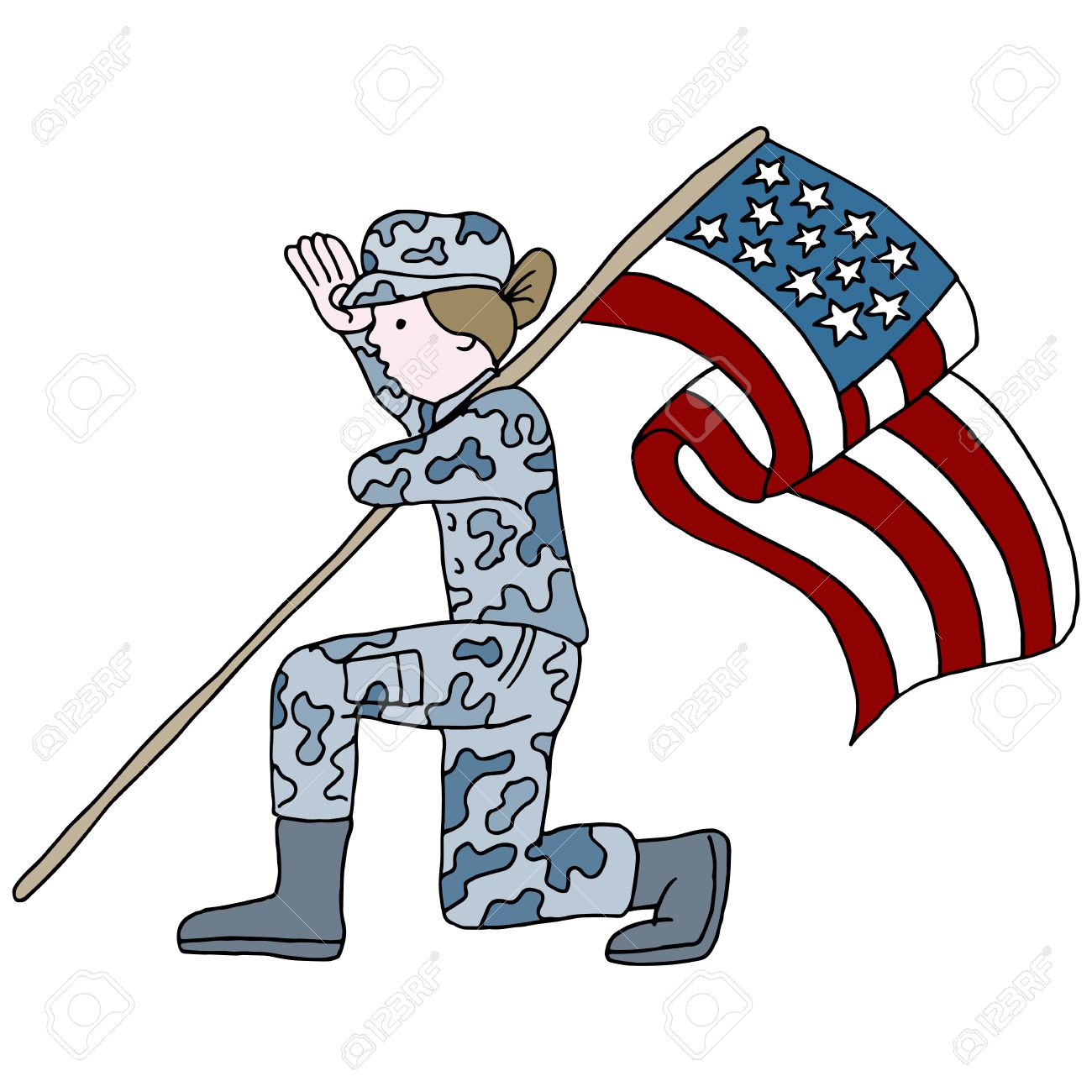 An Image Of A Female Soldier Saluting While Kneeling And Holding The American Flag Stock An Image Of A Female Soldier Saluting While Kneeling And Holding The American Flag Stock