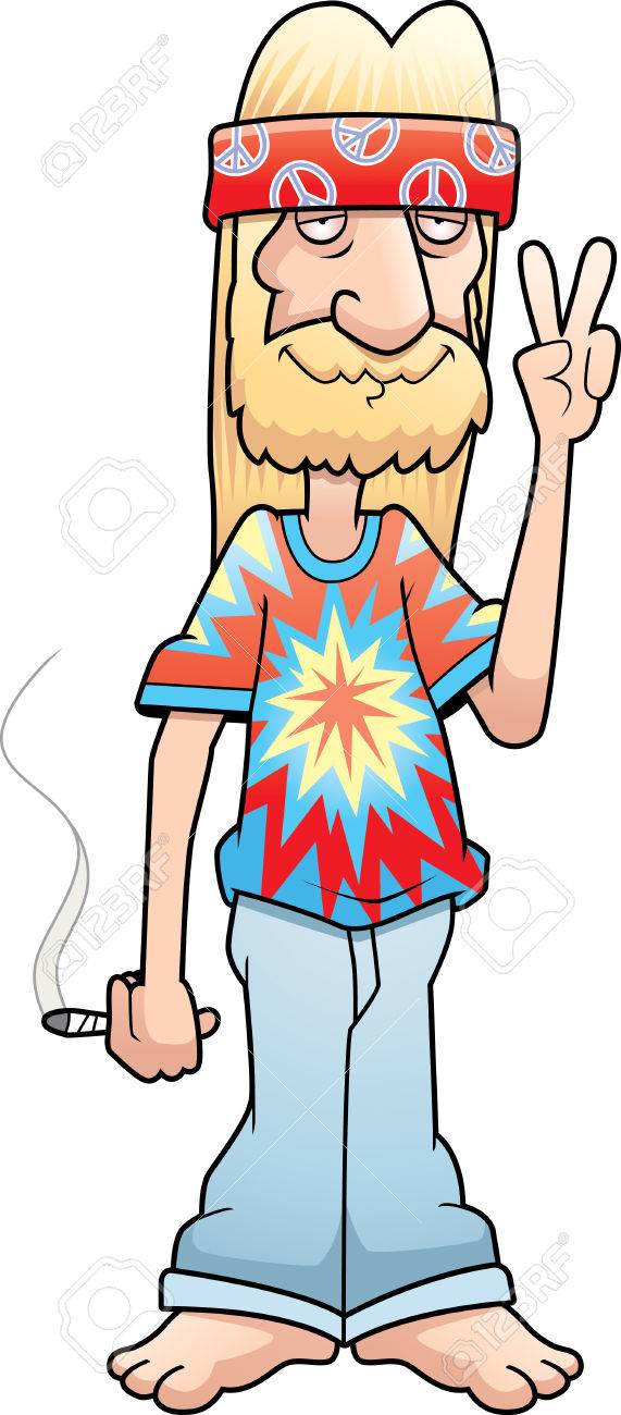 a cartoon hippie making the peace sign and smiling royalty free