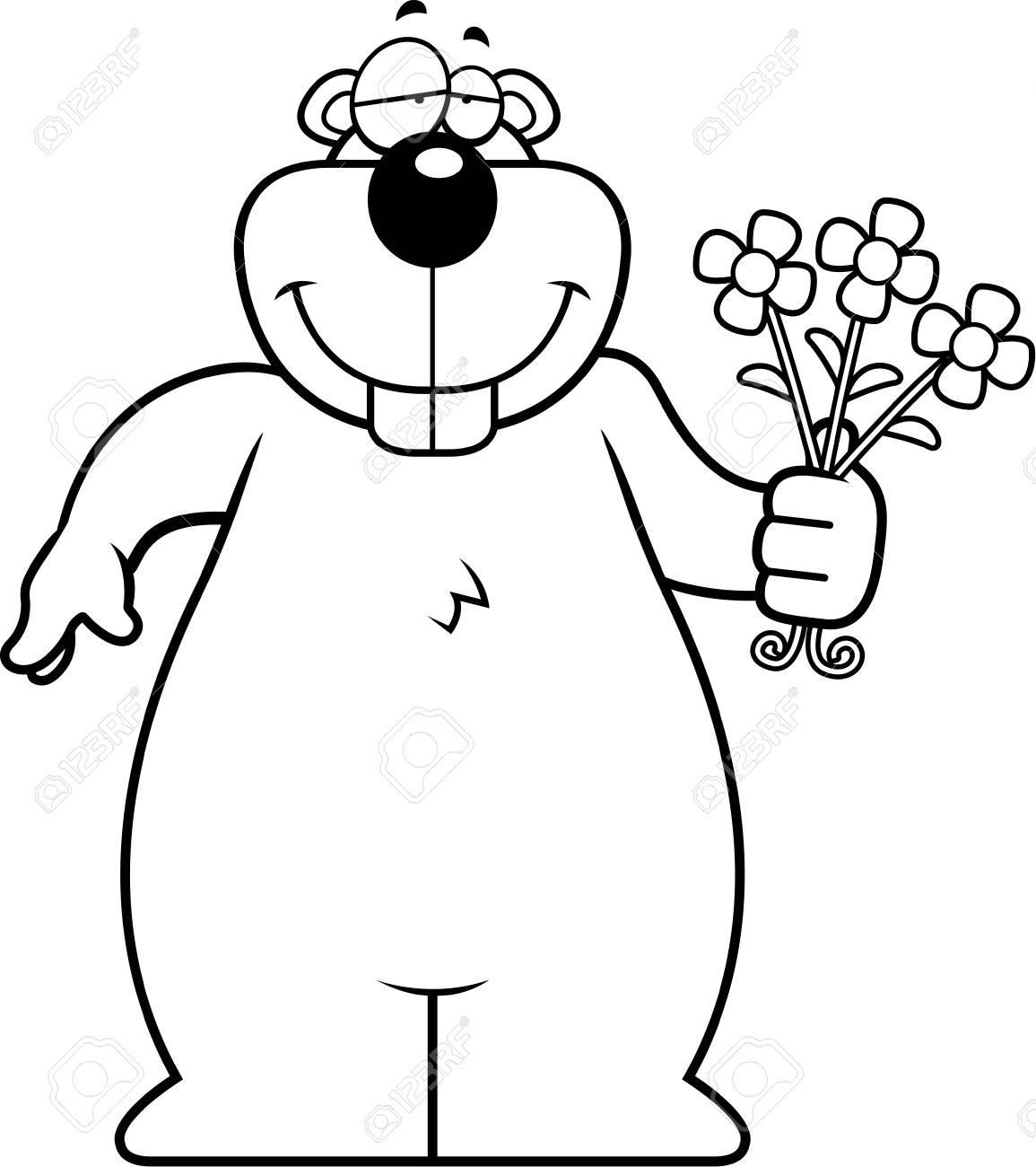 a happy cartoon gopher with a bouquet of flowers royalty free