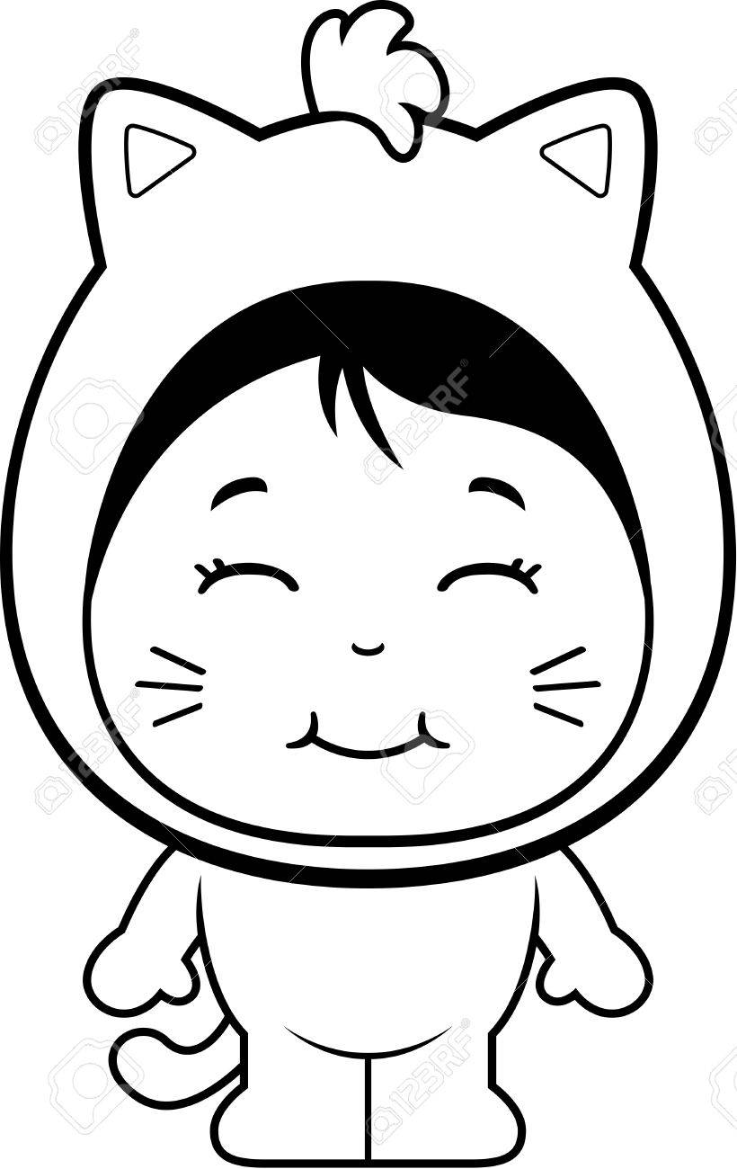 猫の着ぐるみで幸せな漫画の女の子 のイラスト素材 ベクタ Image