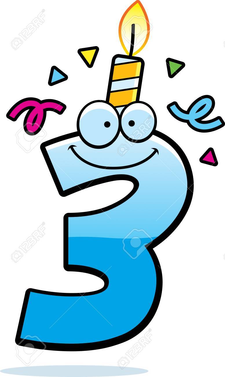 A Cartoon Illustration Of A Number Three With A Birthday Candle And  Confetti. Royalty Free SVG, Cliparts, Vectors, and Stock Illustration.  Image 44743545., image size:777x1300