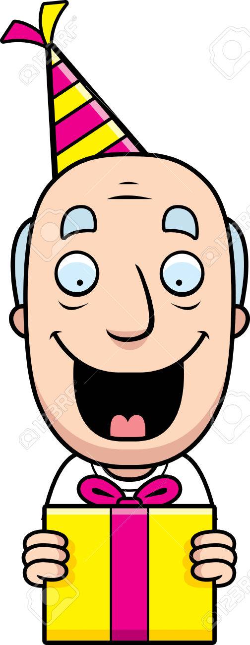 Un Grand Pere De Dessin Anime Heureux Avec Un Cadeau D Anniversaire Et Chapeau De Fete Clip Art Libres De Droits Vecteurs Et Illustration Image
