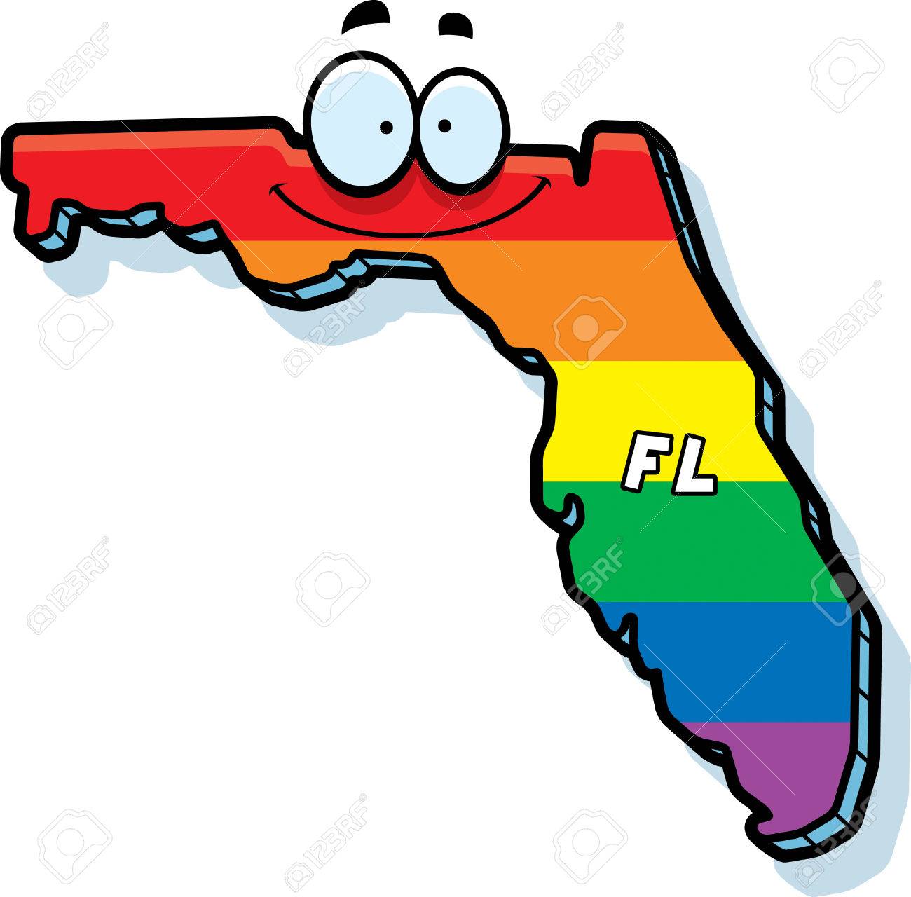 a cartoon illustration of the state of florida smiling with rainbow