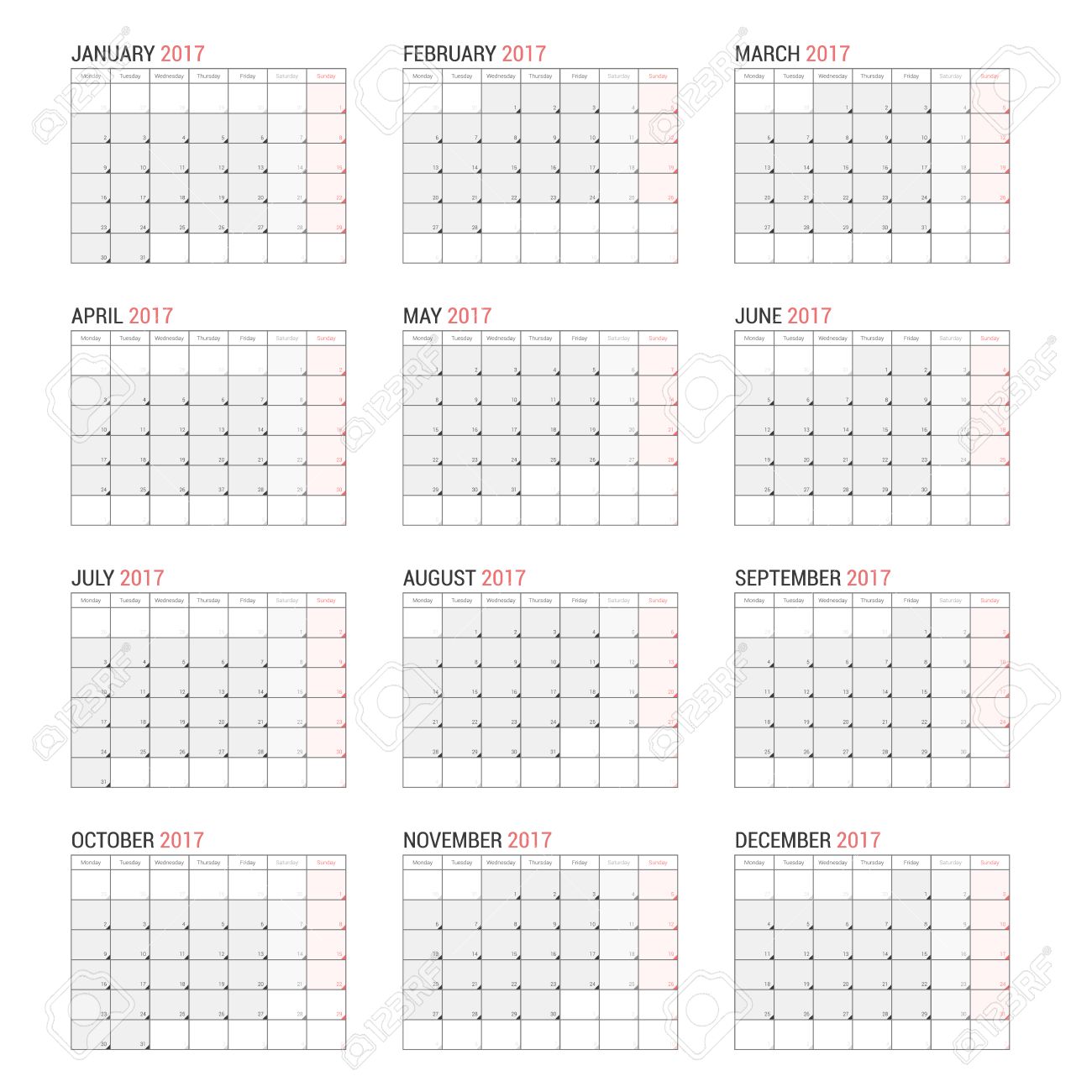yearly wall calendar planner template for 2017 year vector design