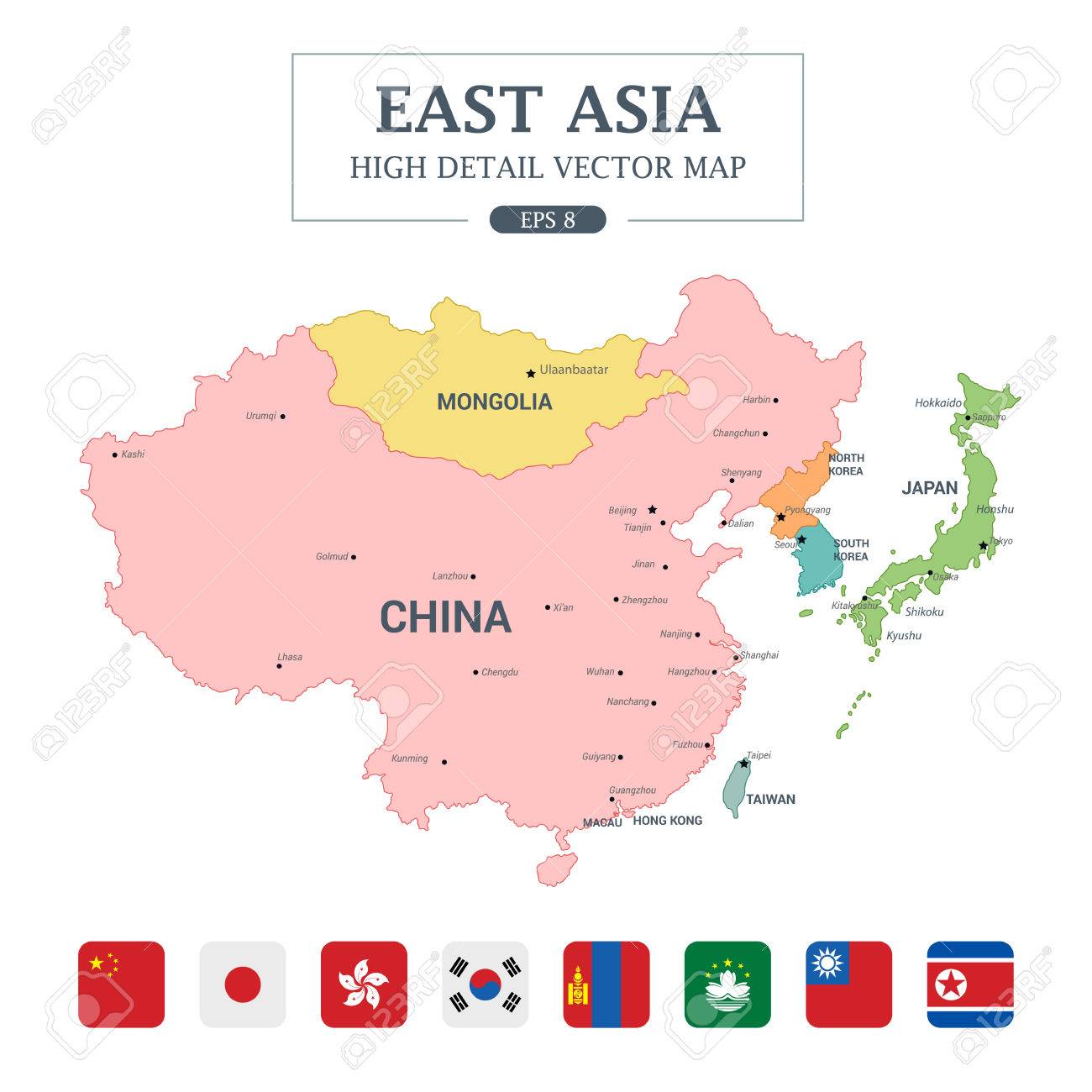 east asia map full color high detail separated all countries vector illustration stock vector 78780074