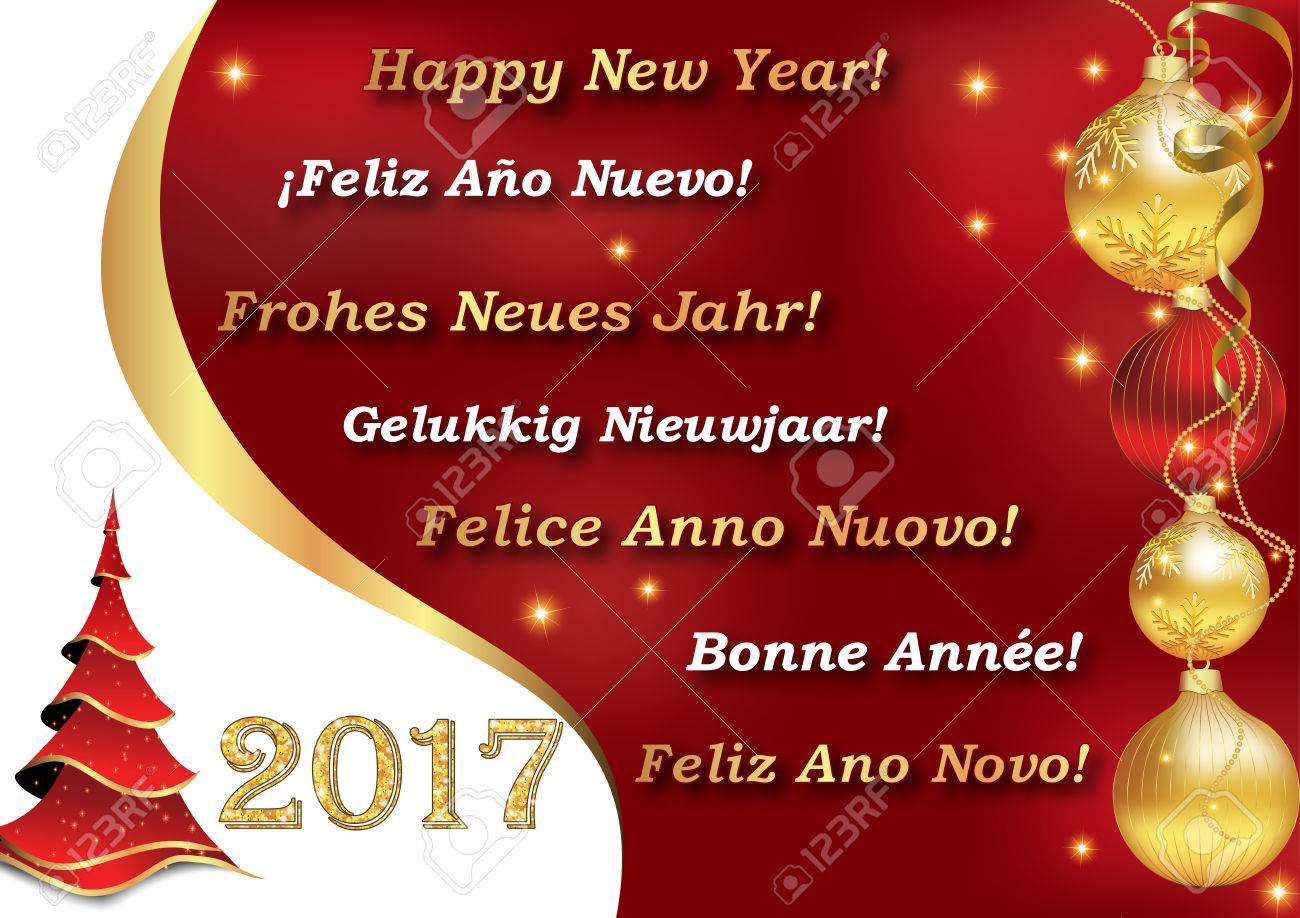 Grusskarte Fur Neujahr 2017 Mit Den Wunschen Frohes Neues Jahr In Vielen Sprachen Italienisch Deutsch Niederlandisch Spanisch Franzosisch Und Portugiesisch Lizenzfreie Fotos Bilder Und Stock Fotografie Image 64187105