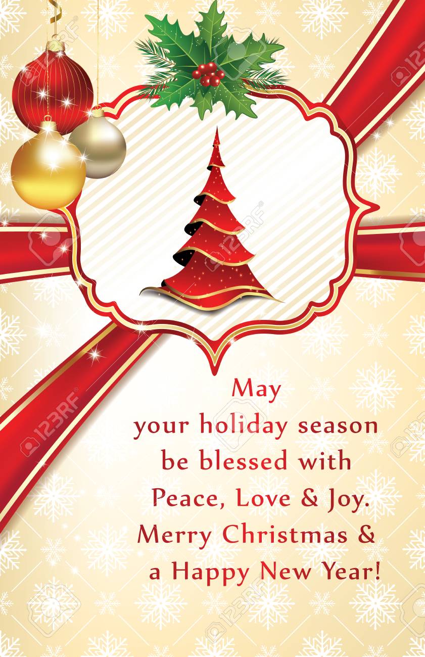 Carte De Voeux De Noël Et Du Nouvel An Avec Arbre De Noël Boules De Noël Baies De Houx Clochettes Imprimer Les Couleurs Utilisées Taille