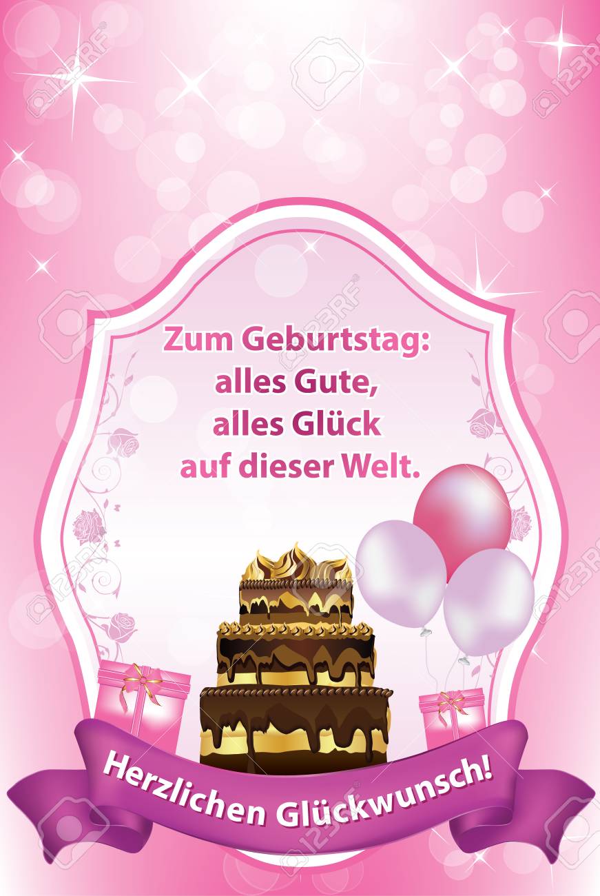 Carte De Voeux D Anniversaire Allemande Avec Un Gateau Et Des Ballons En Particulier Pour Les Filles Femmes Joyeux Anniversaire Tout Le Bonheur Du Monde Felicitations Texte Allemand Imprimer Les Couleurs Utilisees