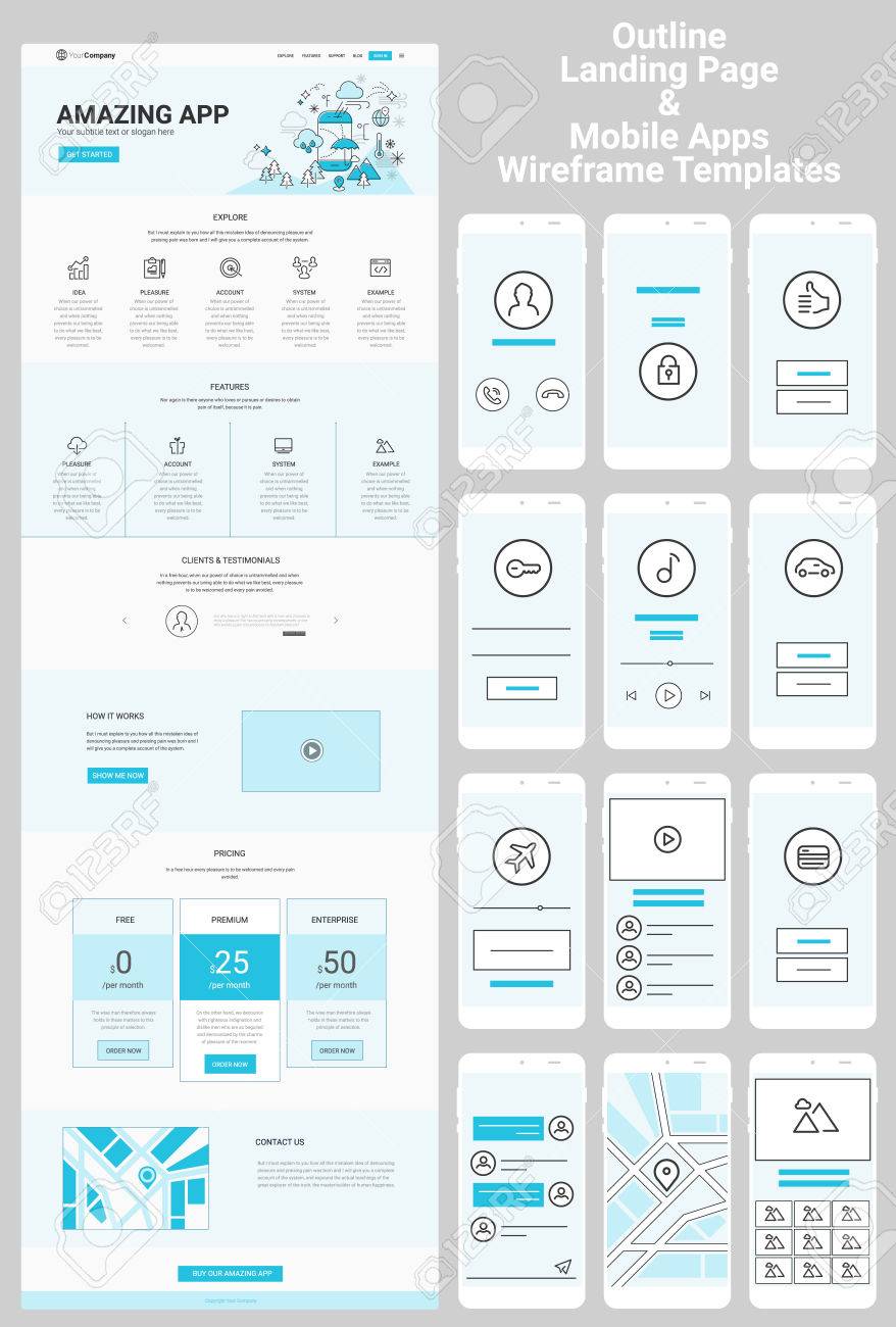 반응 형 방문 페이지 또는 한 페이지 웹 사이트 및 모바일 앱 템플릿에서 와이어 프레임 워크 플로 수집 로열티 무료 사진, 그림,  이미지 그리고 스톡포토그래피. Image 58708892