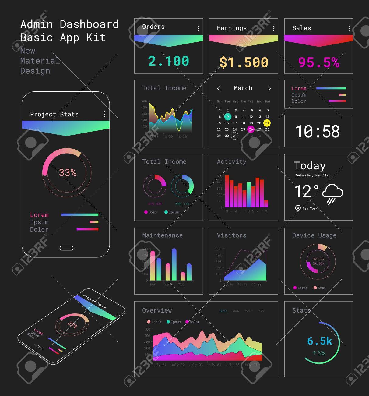 flat design responsive admin dashboard ui mobile app royalty free