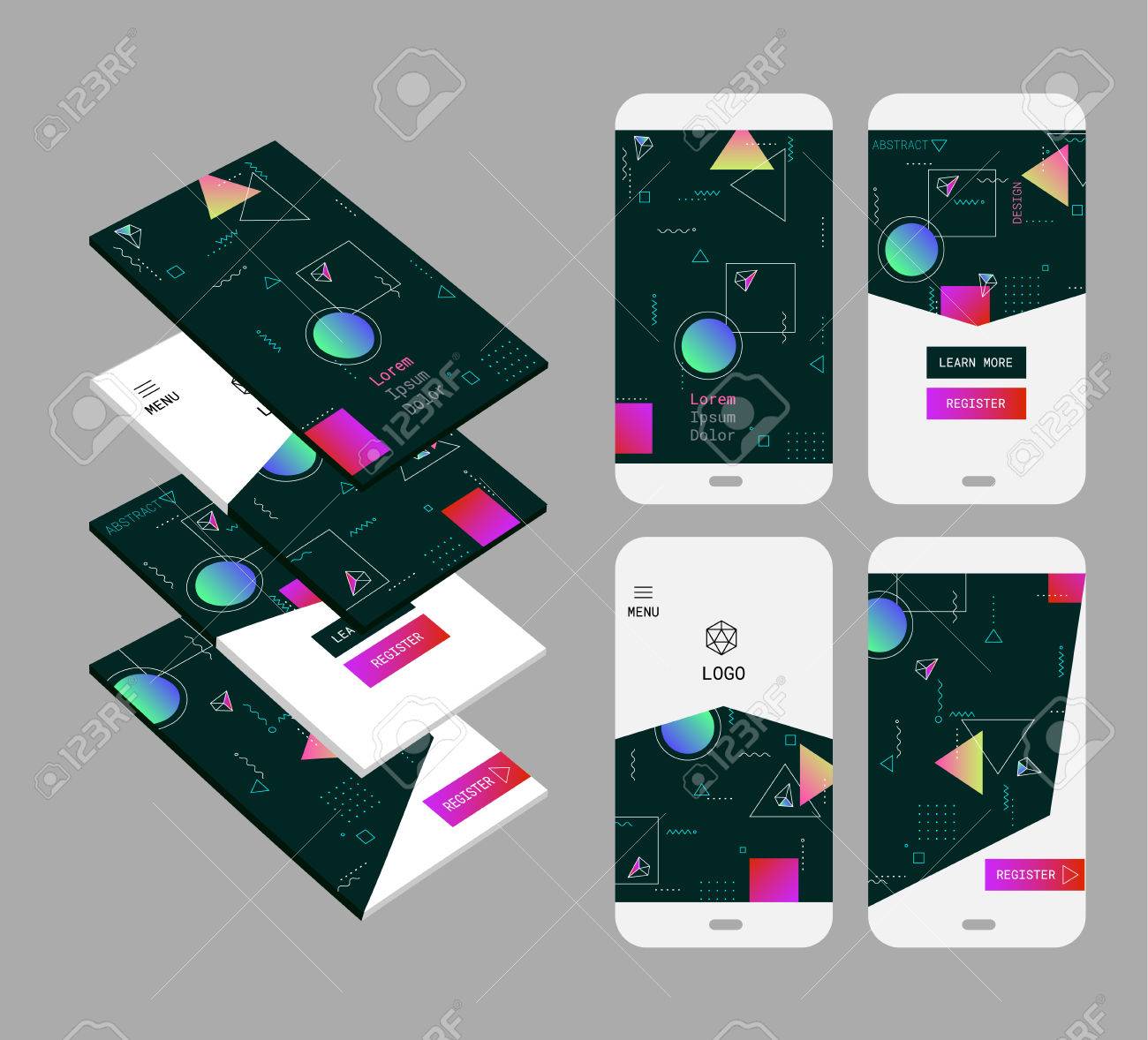トレンディな携帯電話スマート フォンの抽象的な背景の 3 D 壁紙画面スタートアップとアプリ 新しいレトロ 80 年代 90 年代スタイルのデザインのためのキット のイラスト素材 ベクタ Image