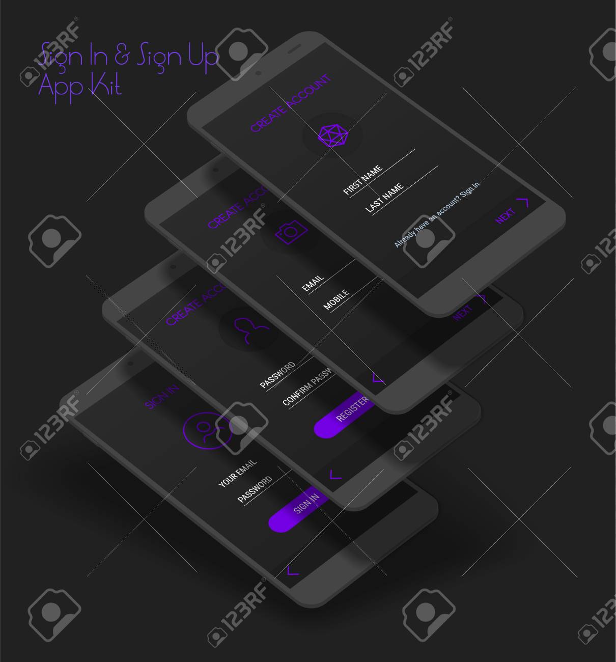 モバイル アプリ Ui サインインとサインアップ画面 3d モックアップ キットのイラスト素材 ベクタ Image