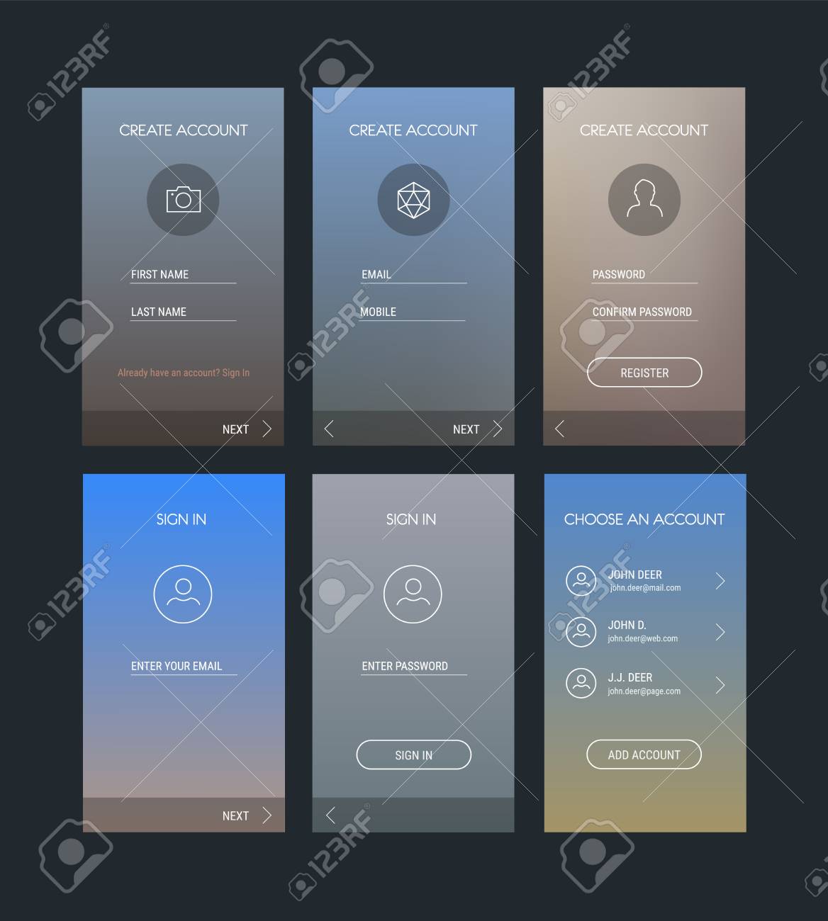 trendy responsive mobile ui templates of login and registration
