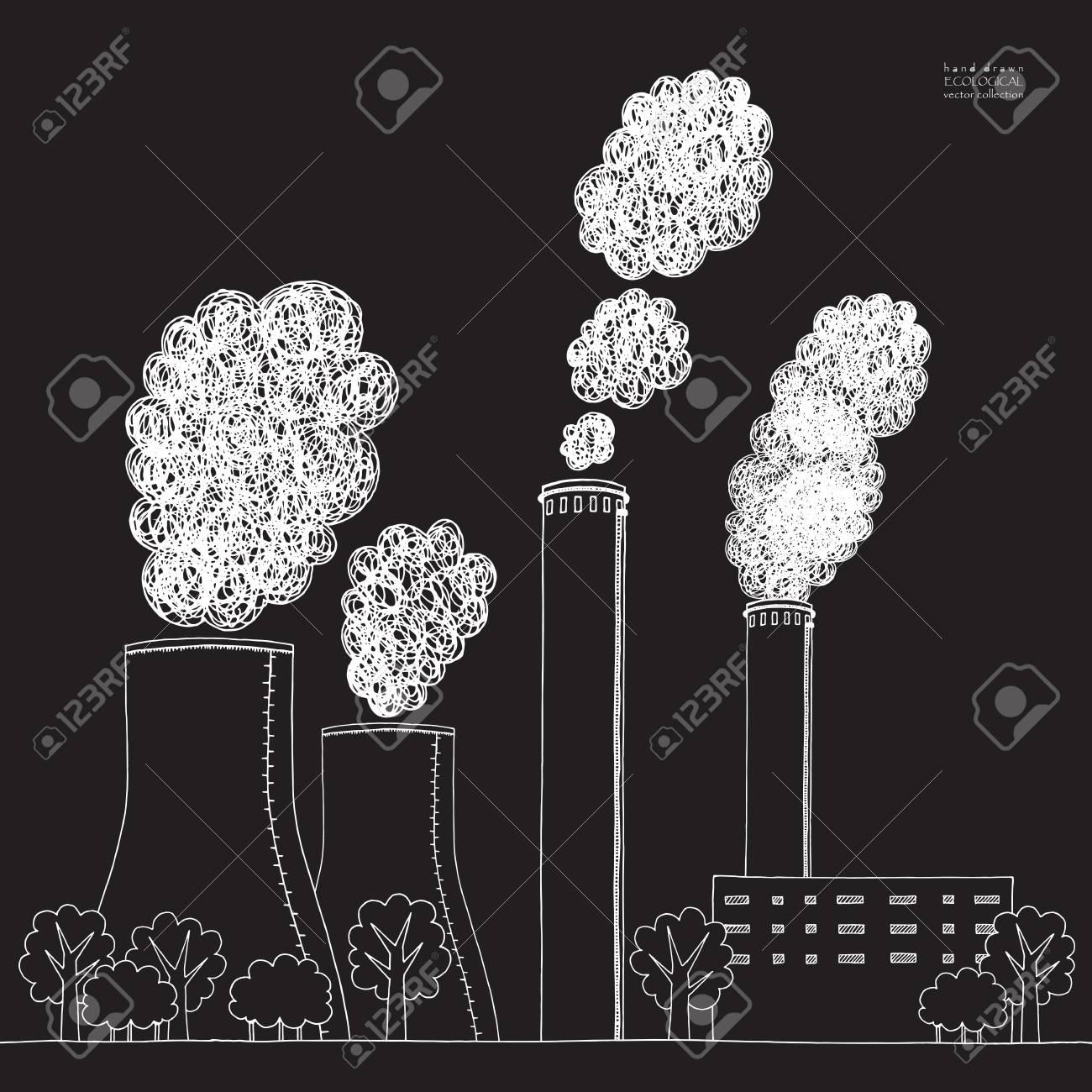 White smokestack on black background illustration of air pollution