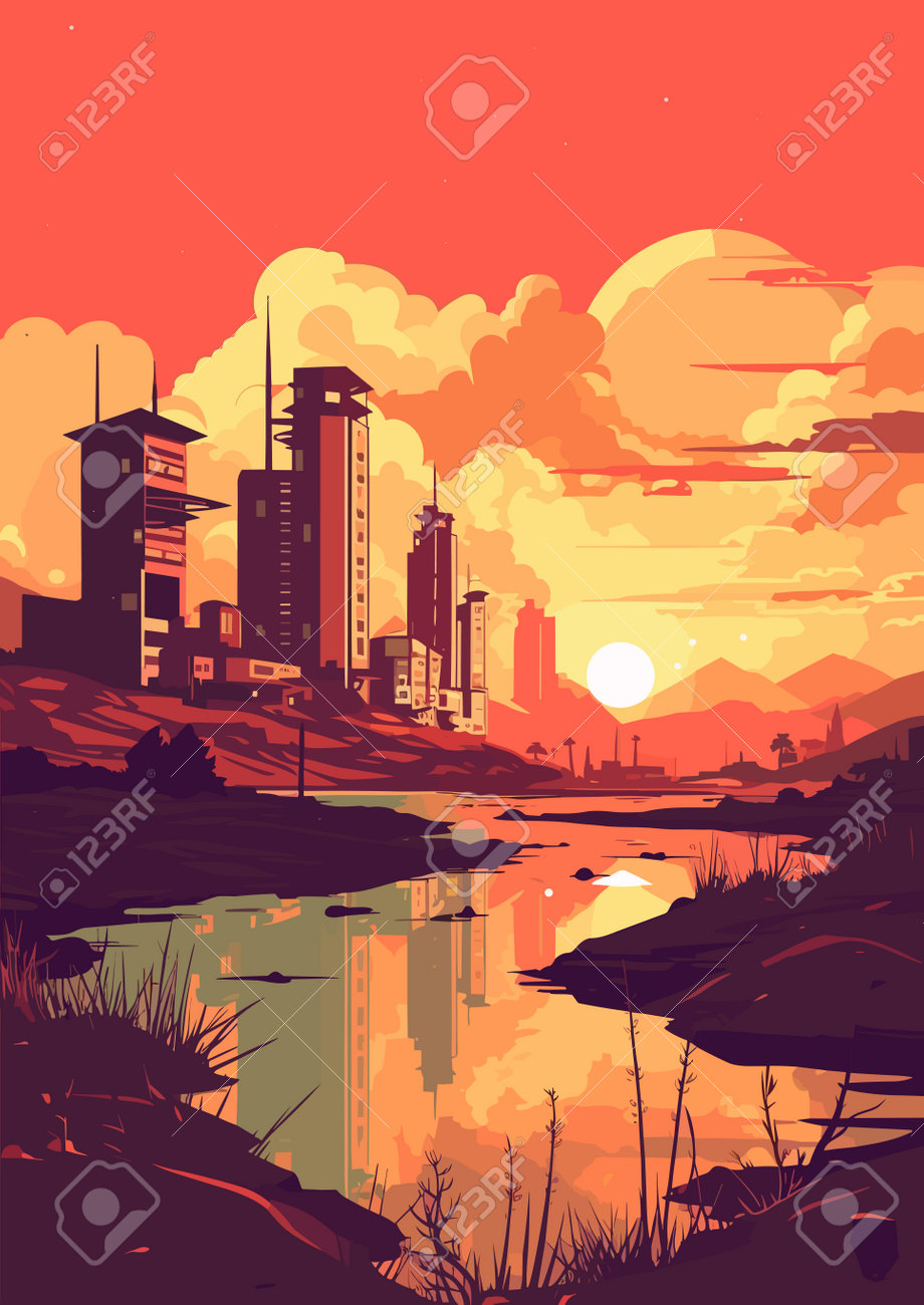 Landscape Of The City At Sunset. Vector Illustration In Retro