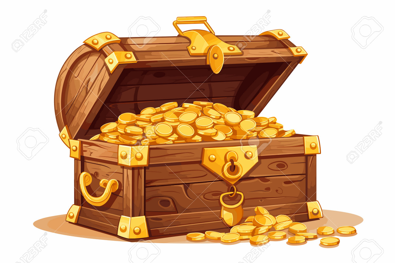 Open treasure chest filled with golden coins, gold - Stock Illustration  [61303996] - PIXTA