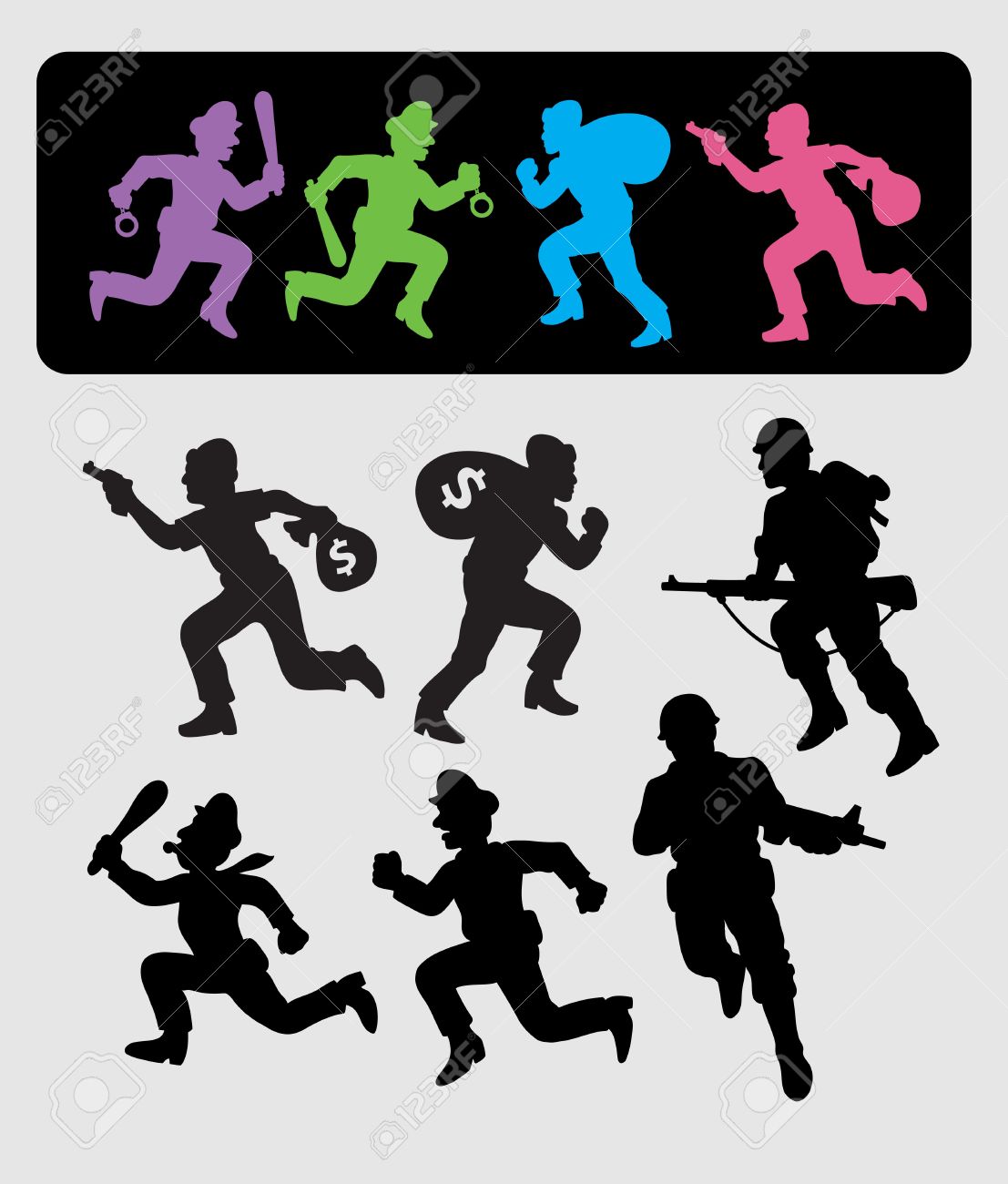 実行中のシルエット警官 泥棒 兵士のイラスト素材 ベクタ Image